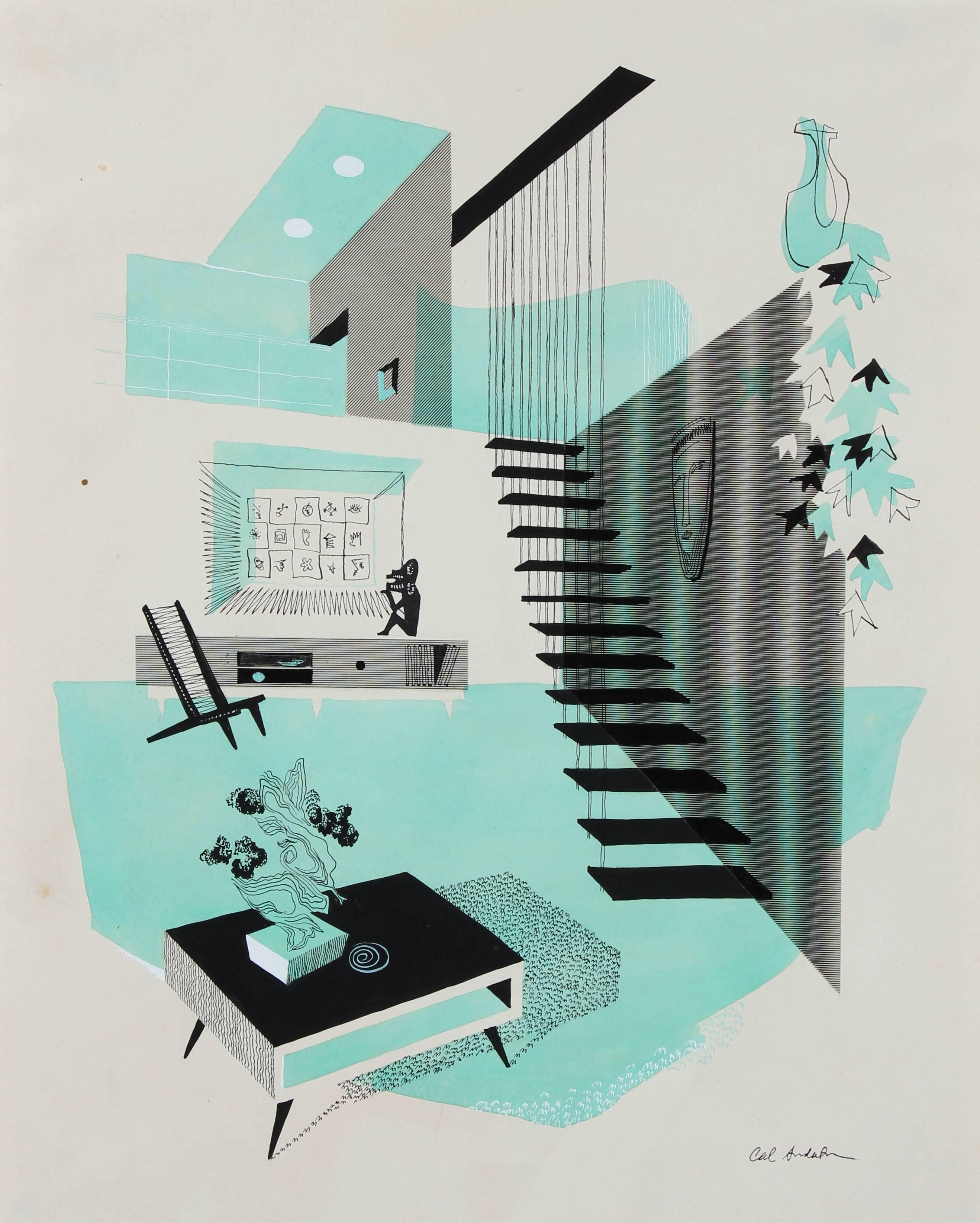 Calvin Anderson Interior Art - Mid Century Modern Interior Illustration, Ink and Gouache