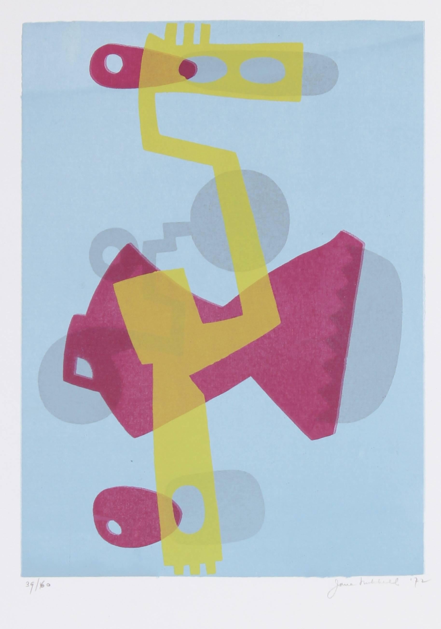 Jane Mitchell Abstract Print - Abstracted Figure in Blue, Yellow, and Pink, Serigraph on Paper, 1972