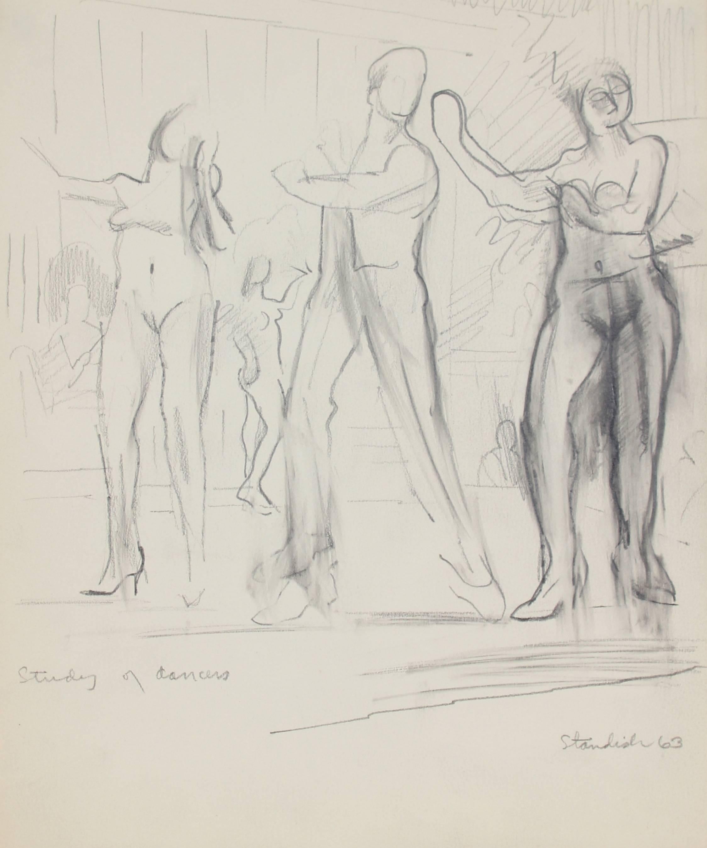 Schuyler Standish Figurative Art - "Study of Dancers" Monochomatic Graphite on Paper Drawing of Nude Dancers, 1963