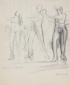 Vintage "Study of Dancers" Monochomatic Graphite on Paper Drawing of Nude Dancers, 1963