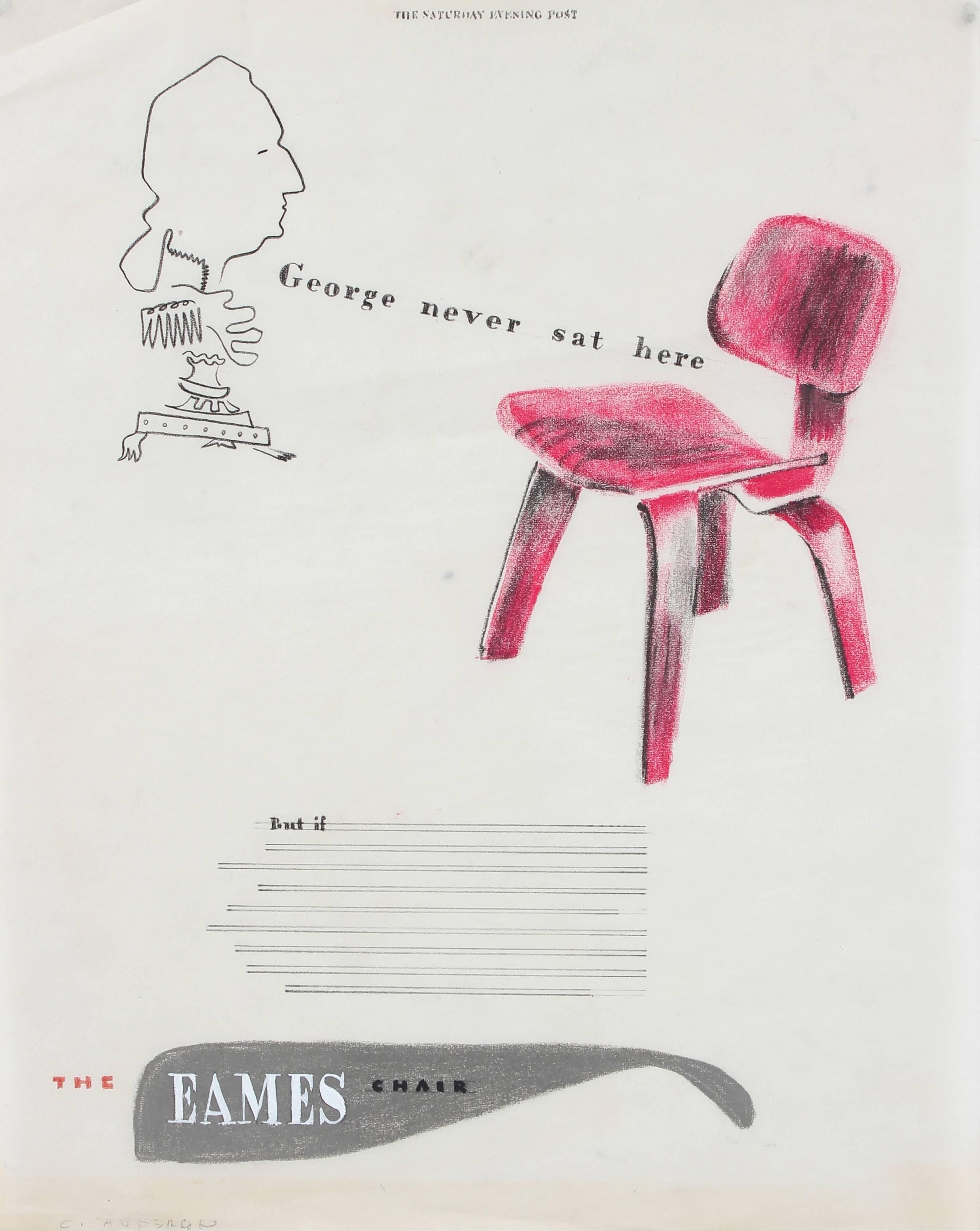 Mid Century Eames Chair Illustration in Pink, Pastel and Colored Pencil on Paper