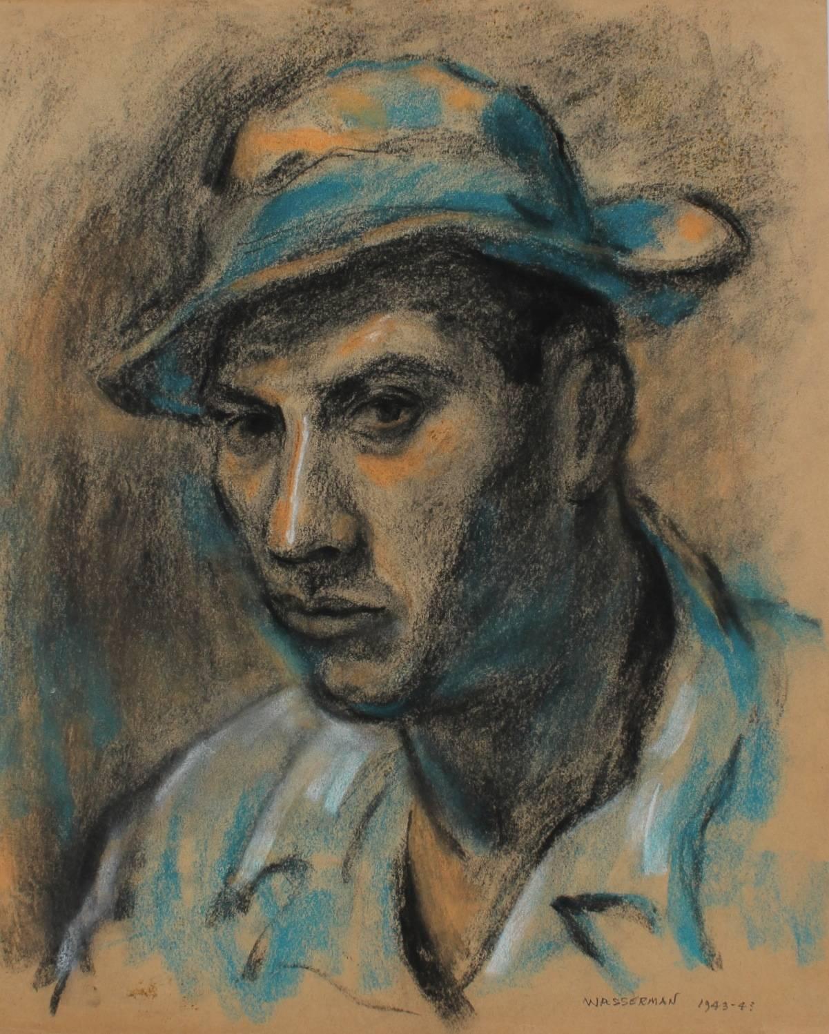 Modernist Portrait of a Mexican Man in Blue, Charcoal and Pastel Drawing, 1943 - Art by Gerald Wasserman