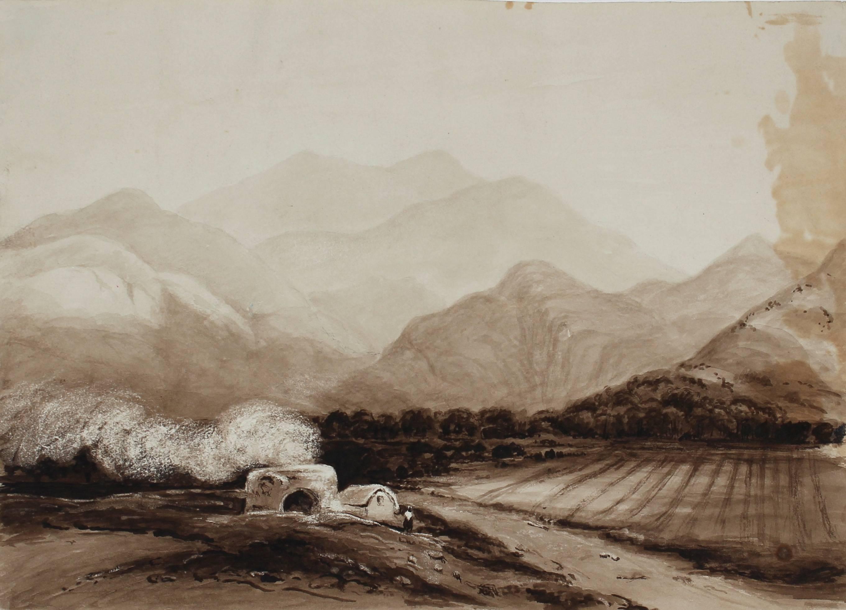 James Ramsay Landscape Art – British Landscape in Sepia, Watercolor Painting, Circa Mid 1800s