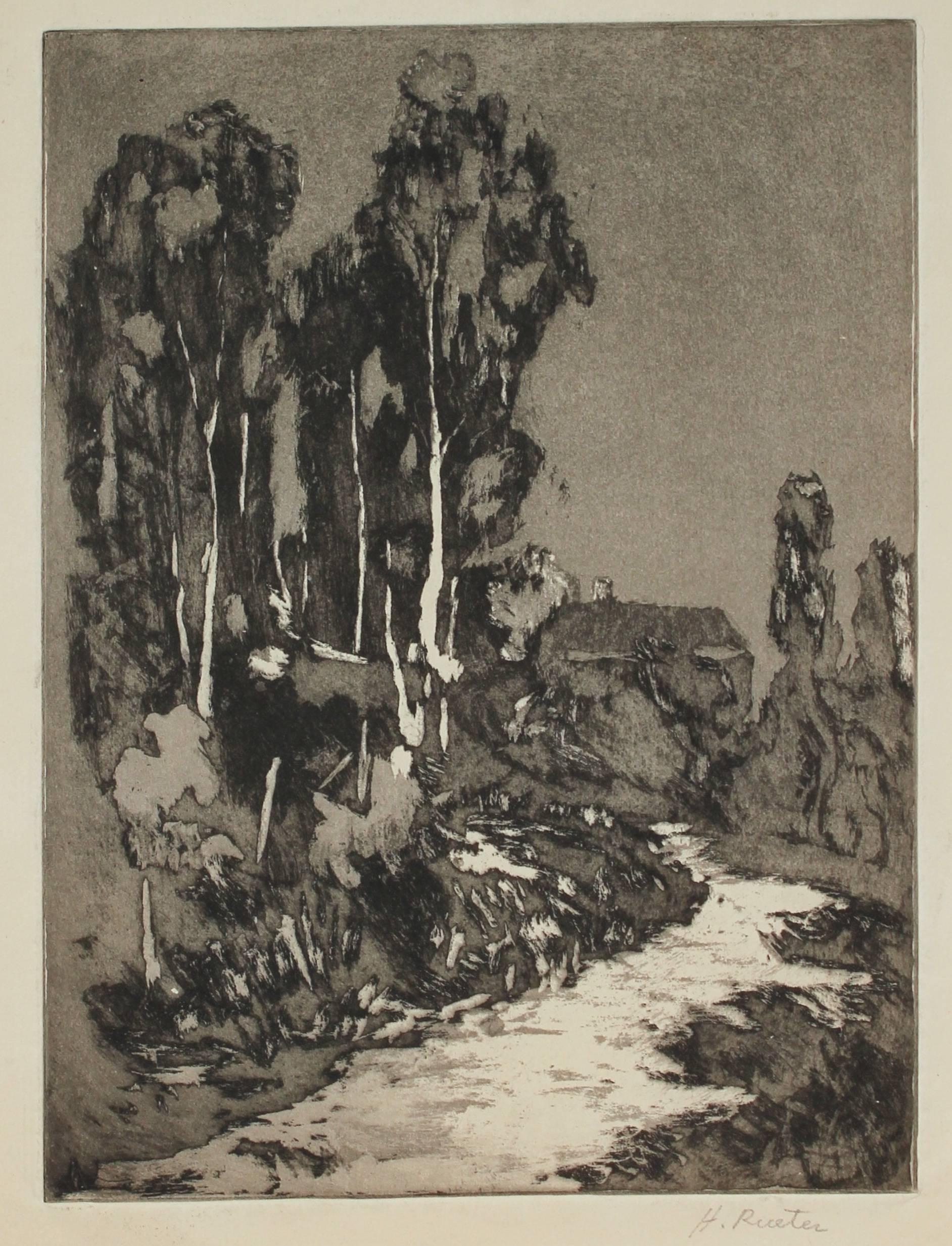 Herman Reuter Landscape Print - Monochromatic California Landscape Etching, Early to Mid 20th Century