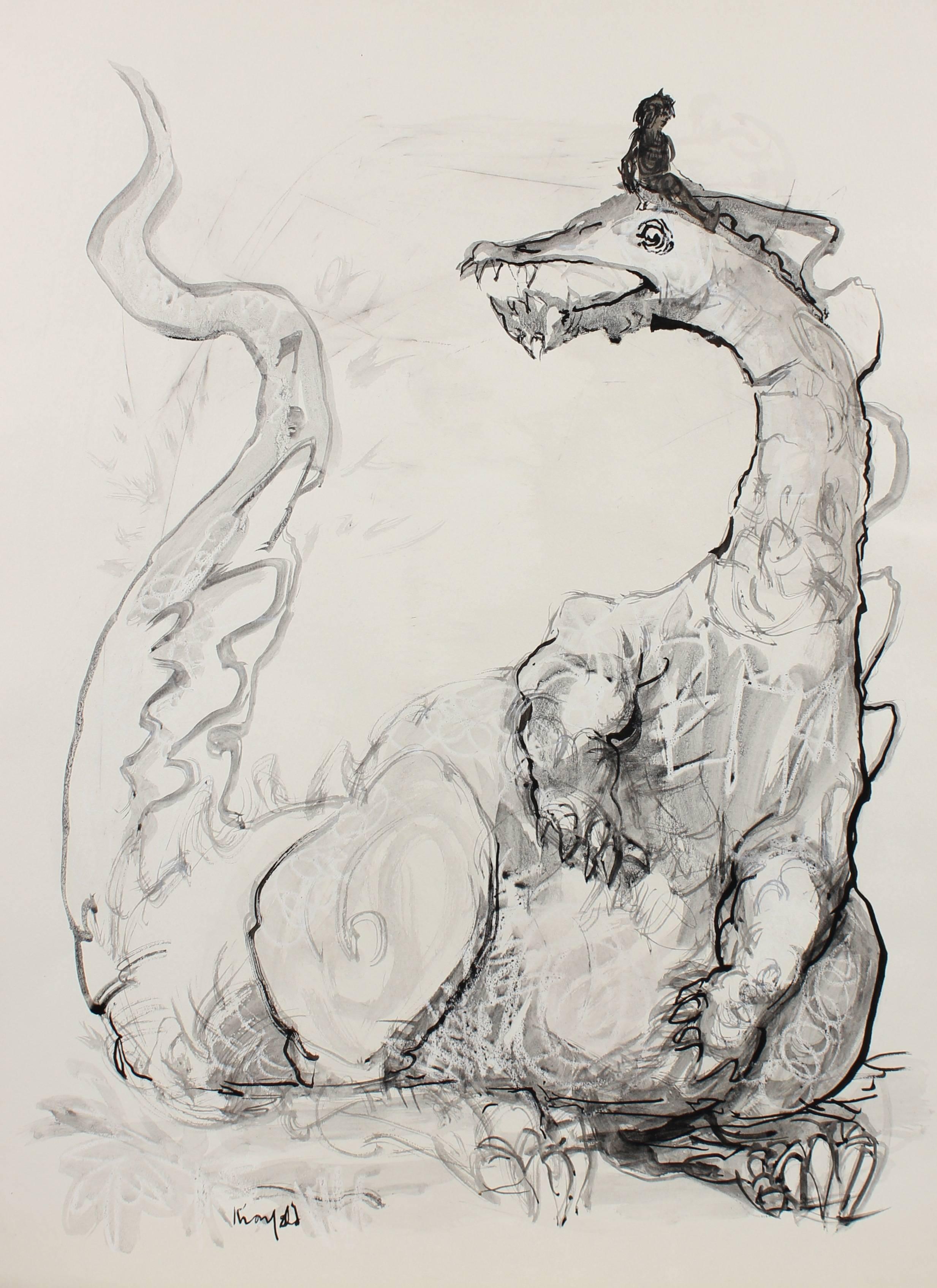 Morris Kronfeld Animal Art - Monochromatic Dragon Drawing, Ink and Crayon Collage, Circa 1970