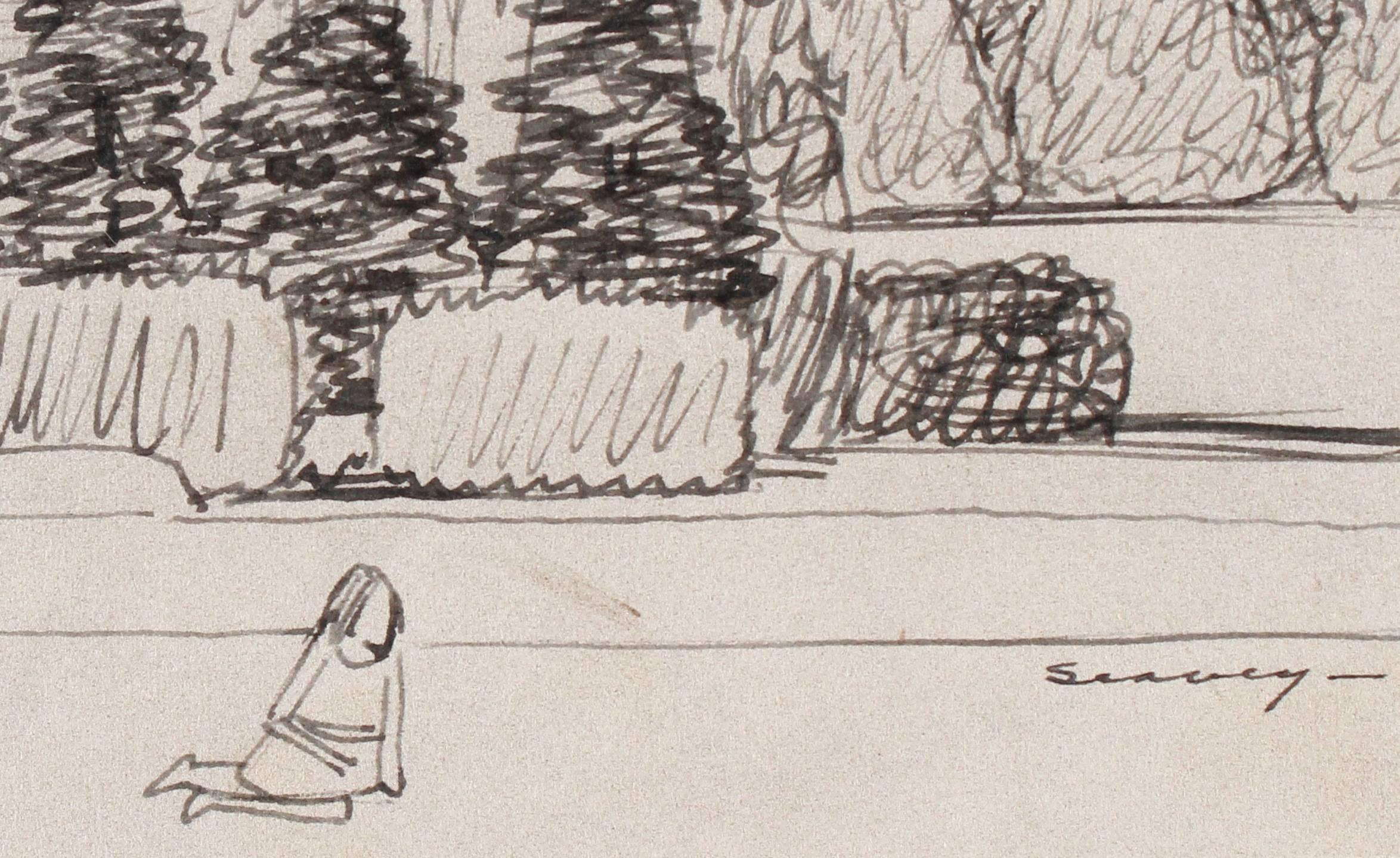 San Francisco City Park, Late 1930s, Ink on Paper Drawing - Art by Clyde F. Seavey Sr.