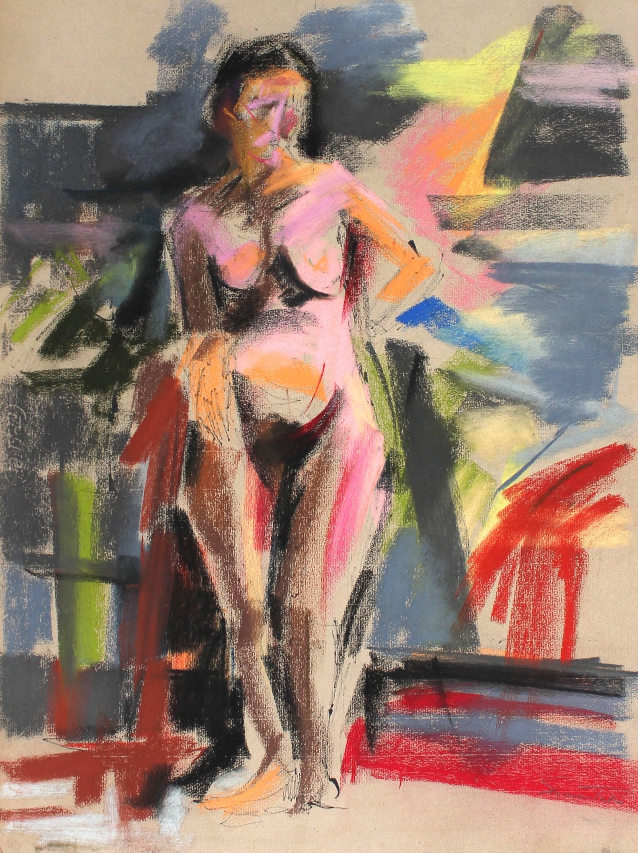 Colorful Bright Female Nude Figure in Pastel, 20th Century - Expressionist Art by Seymour Tubis