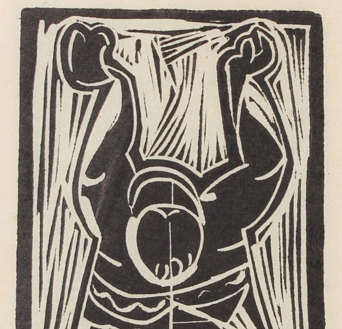 This mid 20th century Modern figurative linoleum block print on paper entitled 