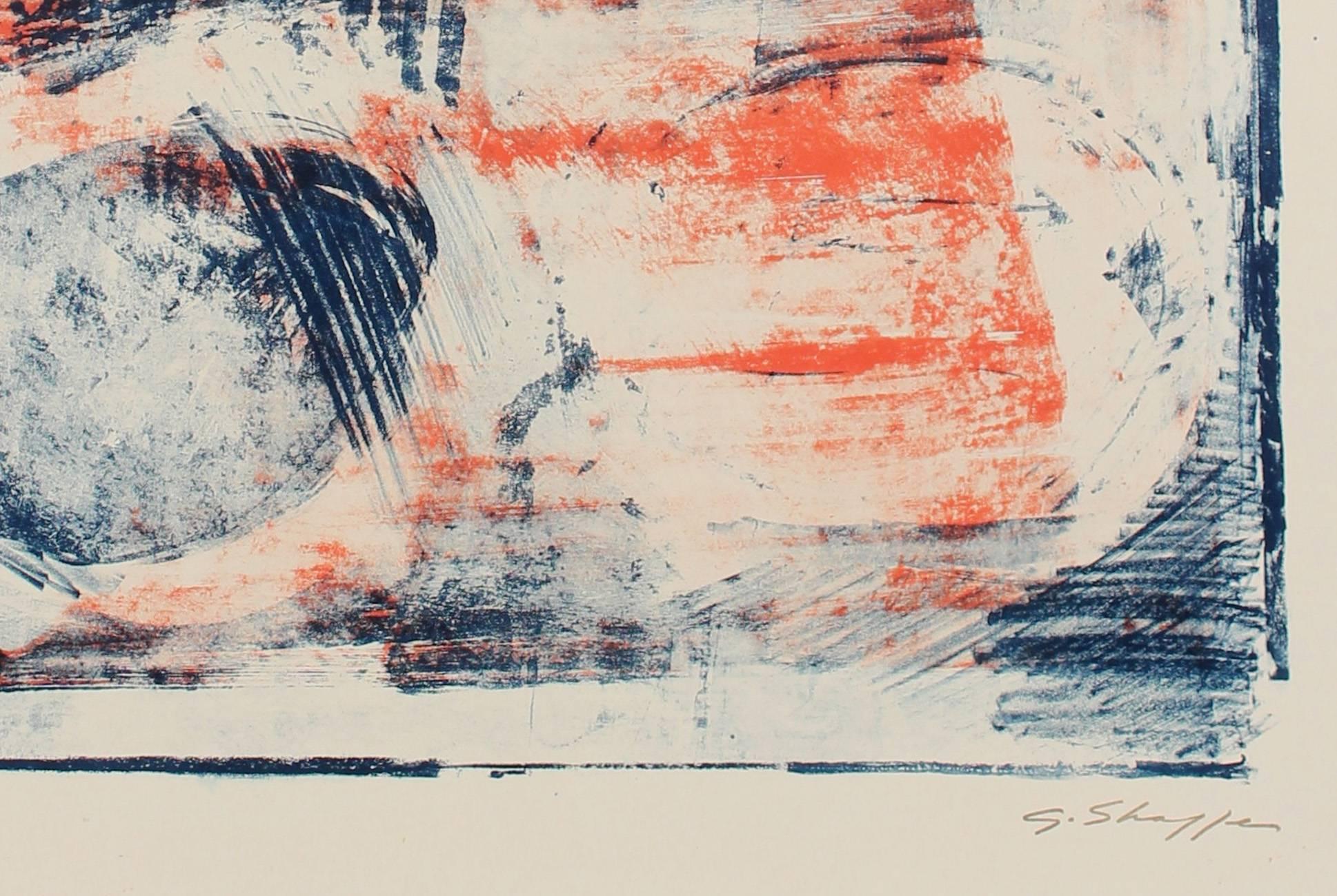 Abstract Expressionist Lithograph in Orange and Blue - Print by Gary Lee Shaffer