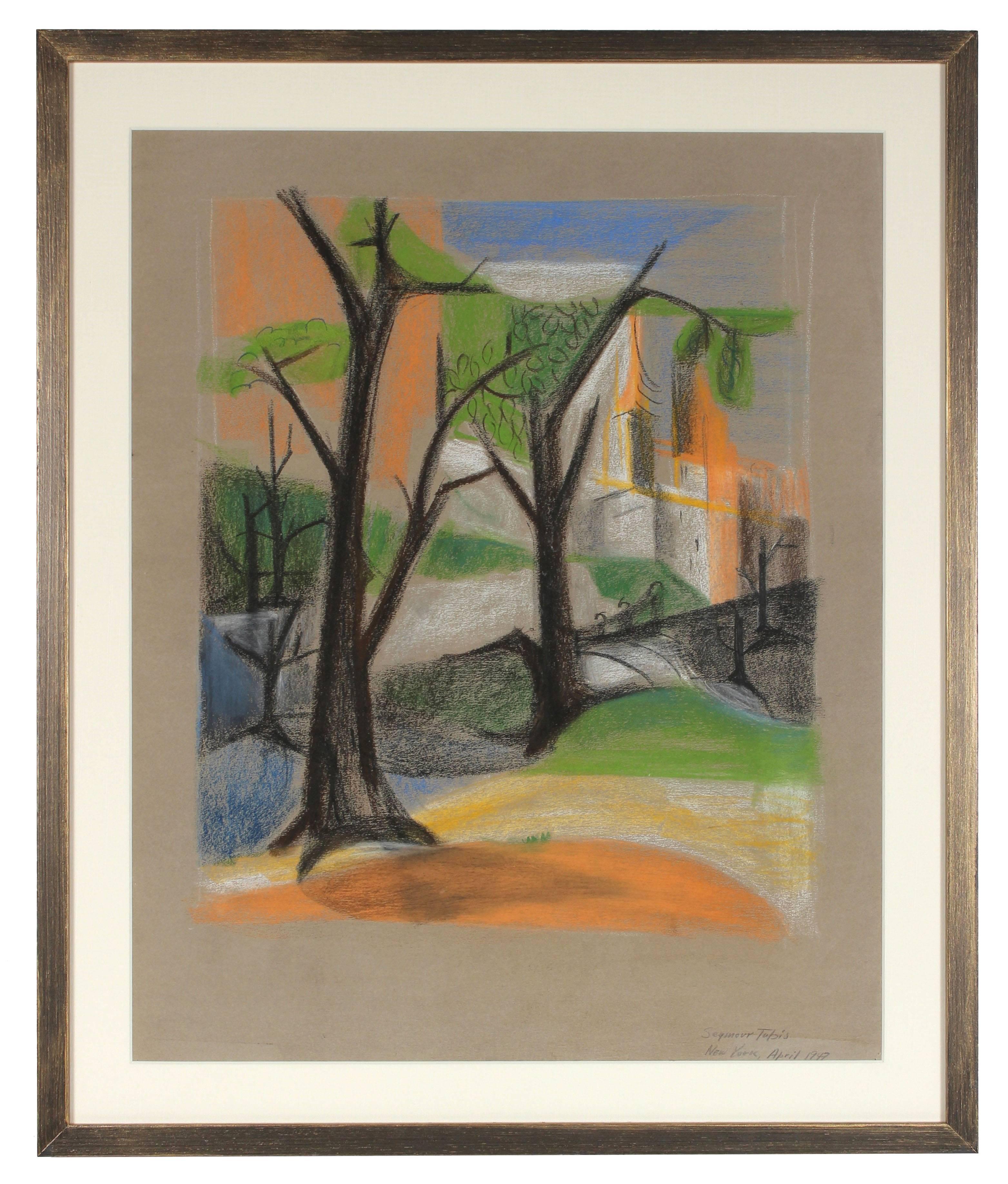 Seymour Tubis Landscape Art - "New York" Pastel Park Scene, 1947
