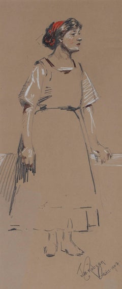 Parisian Woman in Charcoal and Pastel on Paper with Red Headband, 1907