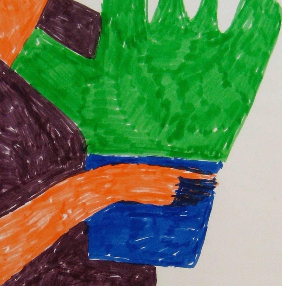 Abstracted Woman with Plant in Orange Green Blue, Felt Marker Drawing, 1970s - Art by Dellard Cassity