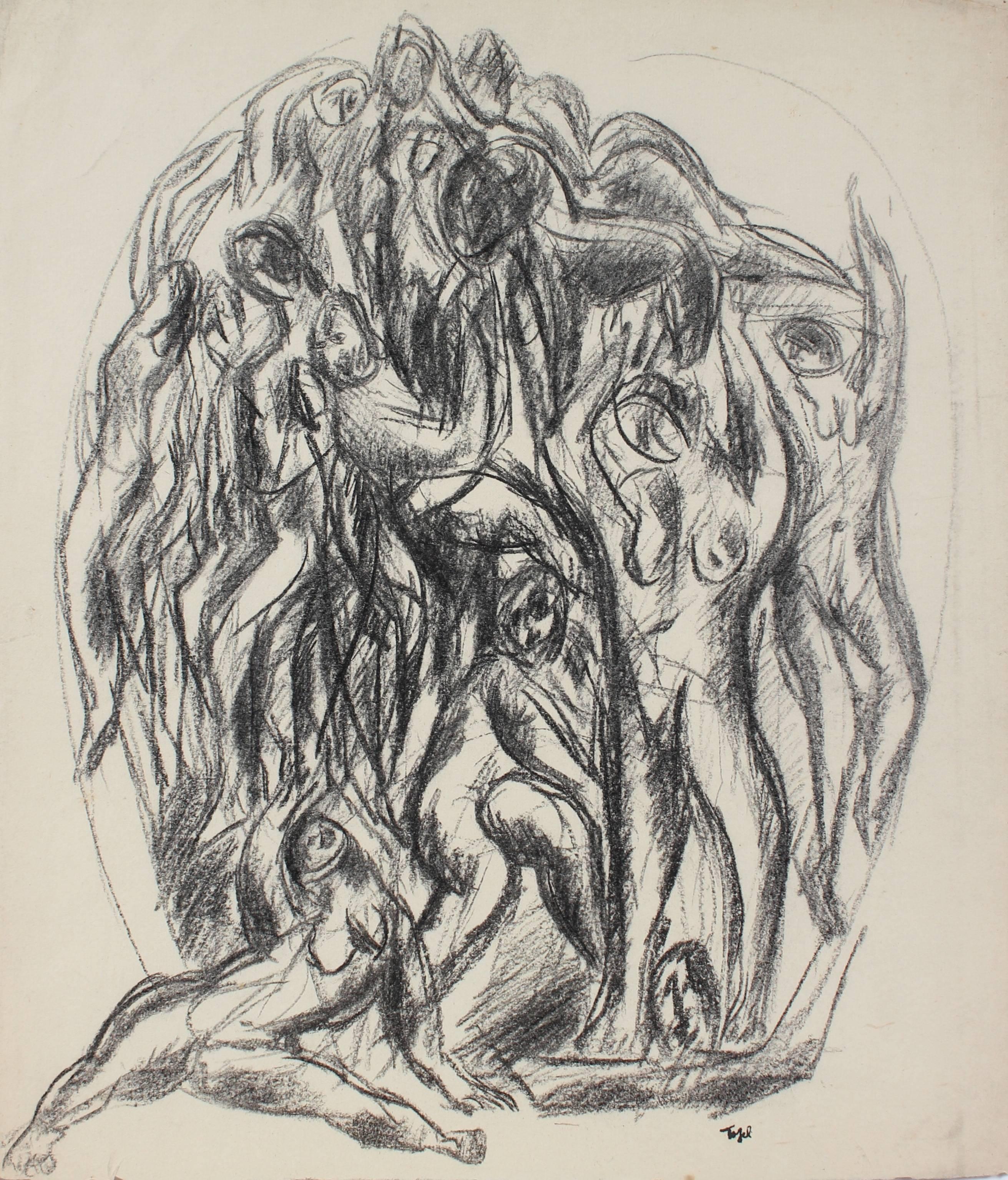 Jennings Tofel Abstract Drawing - Expressionist Figures in Charcoal, Mid 20th Century