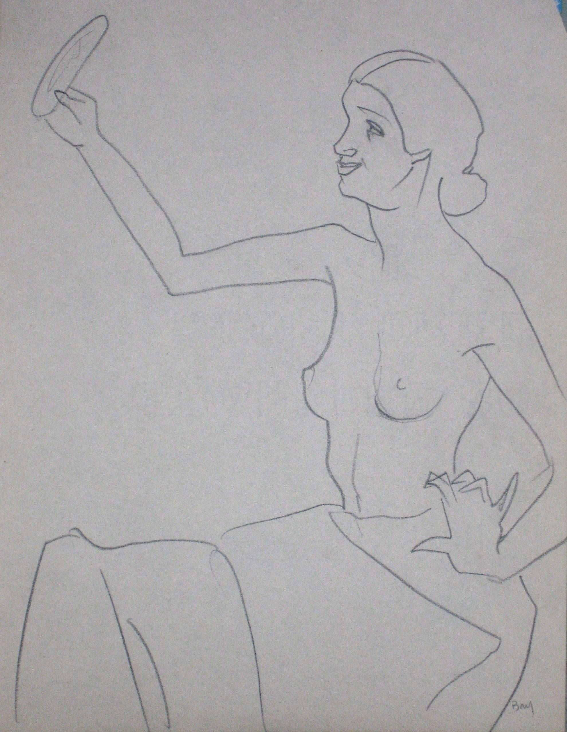Seated Figure with Mirror, Graphite on Paper, Circa 1930s - Art by Edith Bry