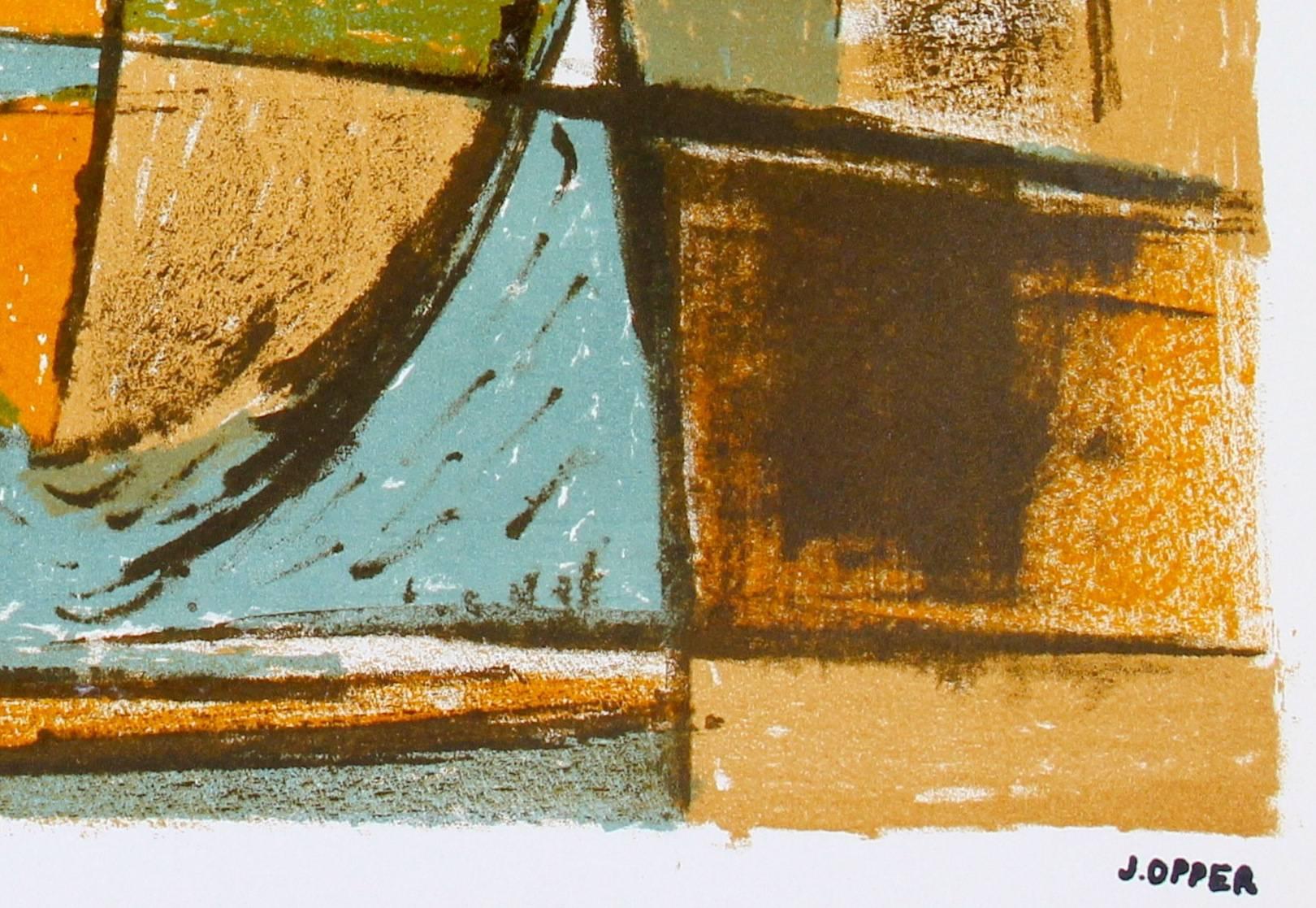 Mid Century Modern Abstract in Ochre and Blue, Lithograph - Print by Jerry Opper