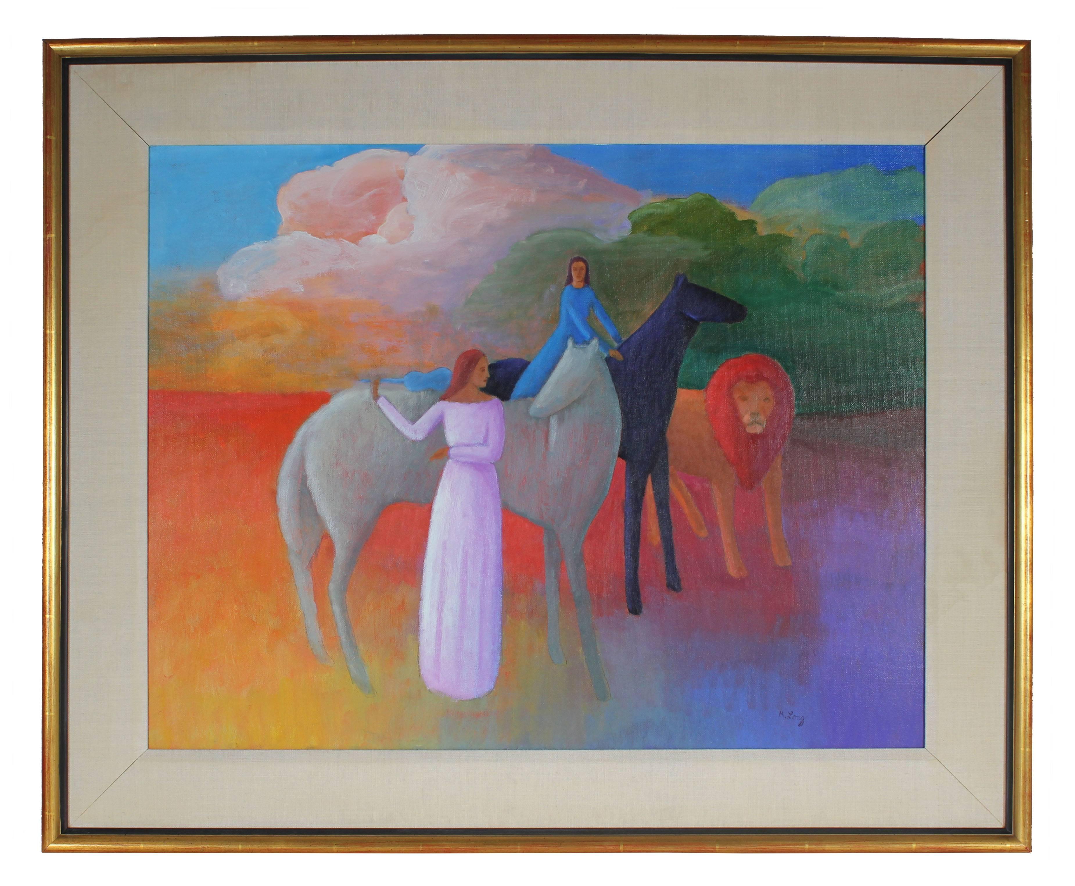 Michelle Long Figurative Painting - Symbolist Scene with Horses and Lion, Oil on Canvas