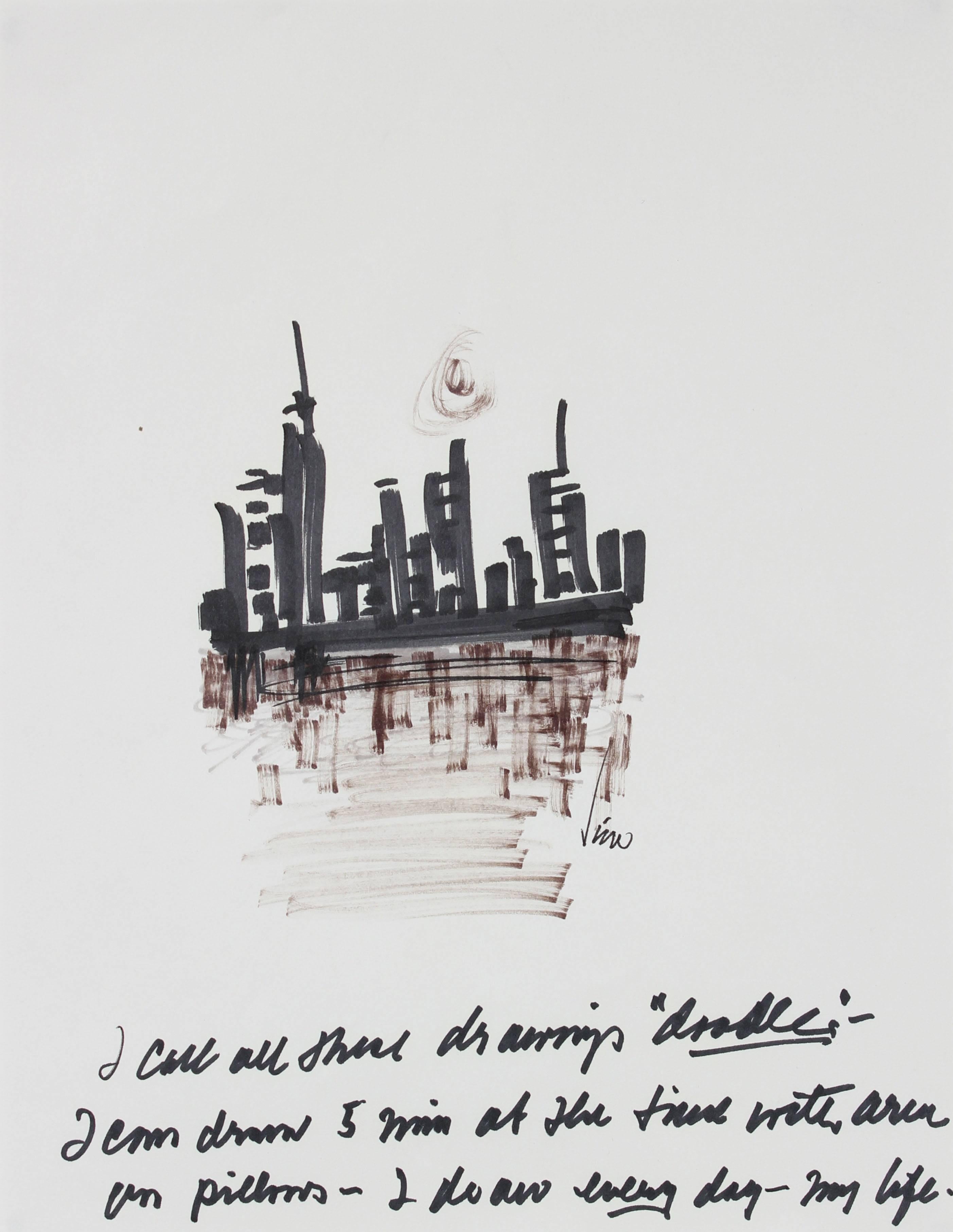 Modernist City Skyline in Monochromatic Ink, 1960s - Art by Wiveca Rubinow