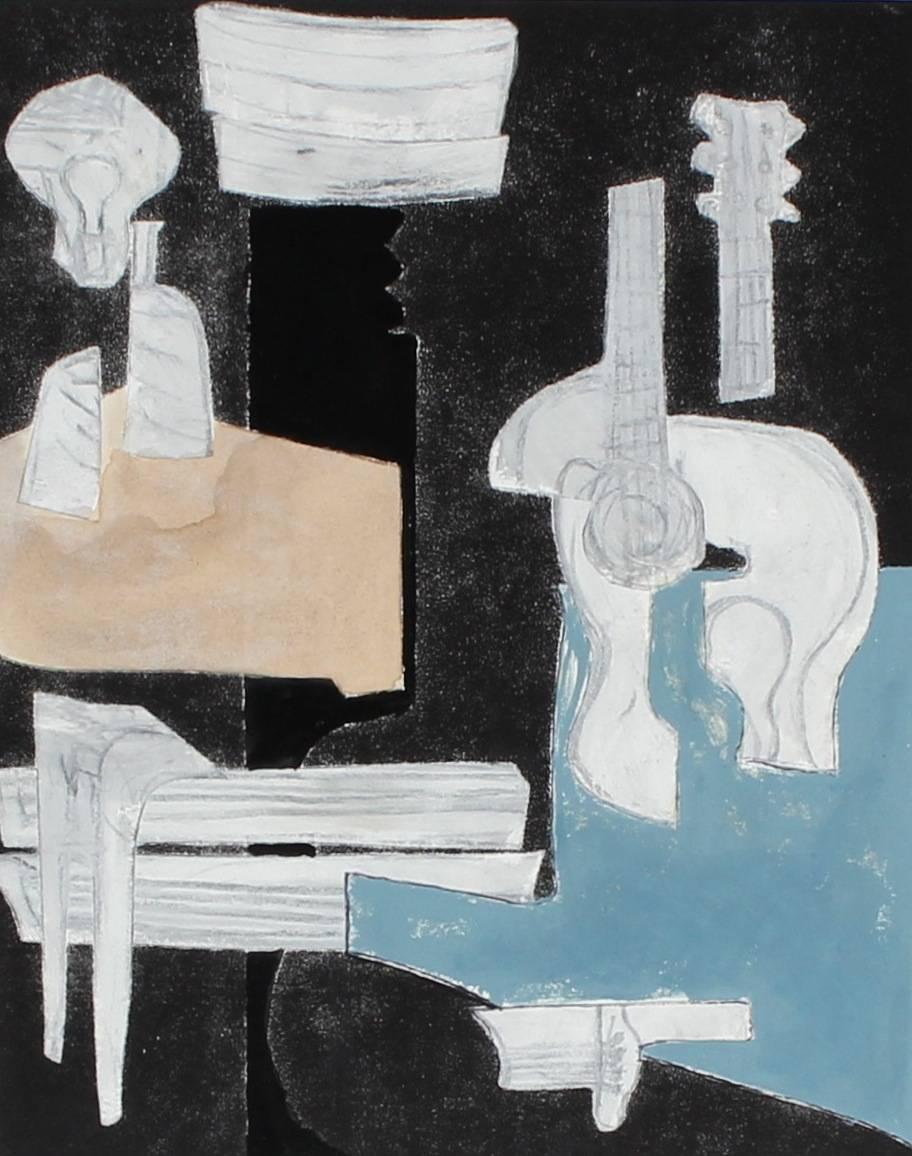 Rob Delamater Abstract Drawing - "Still Life with Guitar" Mixed Media Cubist Abstract in Gouache, 2014