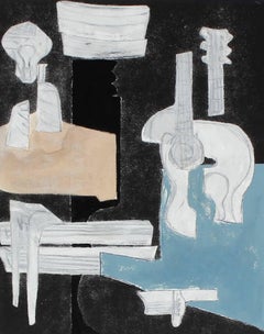 "Still Life with Guitar" Mixed Media Cubist Abstract in Gouache, 2014