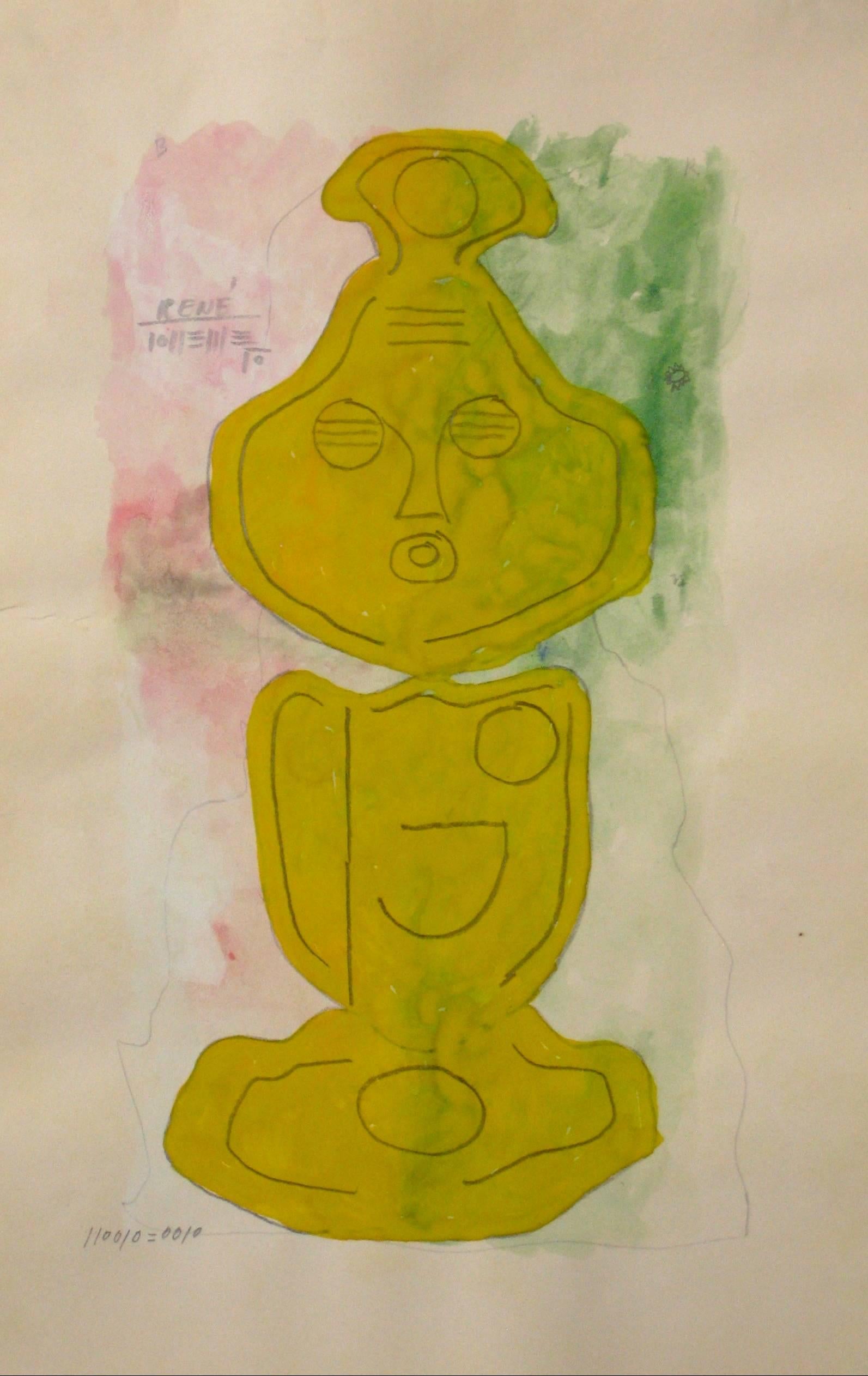 Santos Rene Irizarry Abstract Drawing - Abstracted Totemic Figure in Gouache with Mustard Yellow Green Pink
