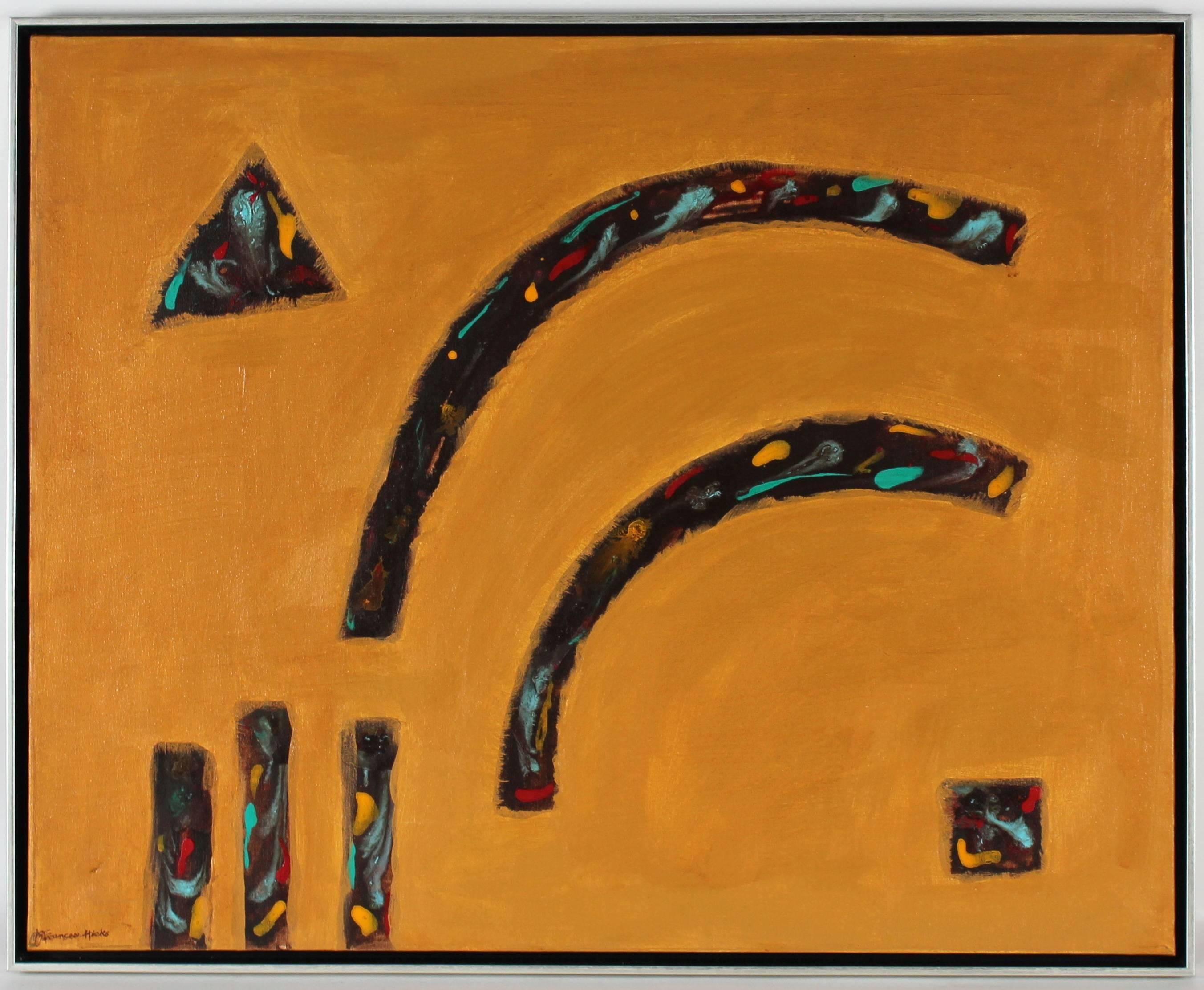 This late 20th century acrylic on canvas abstract in rust, gold, and brown entitled "Shadows" is by Bay Area abstract artist, Frances Shifflette Hicks (1914-2000). Hicks was included in over 250 exhibitions during her lifetime; including a