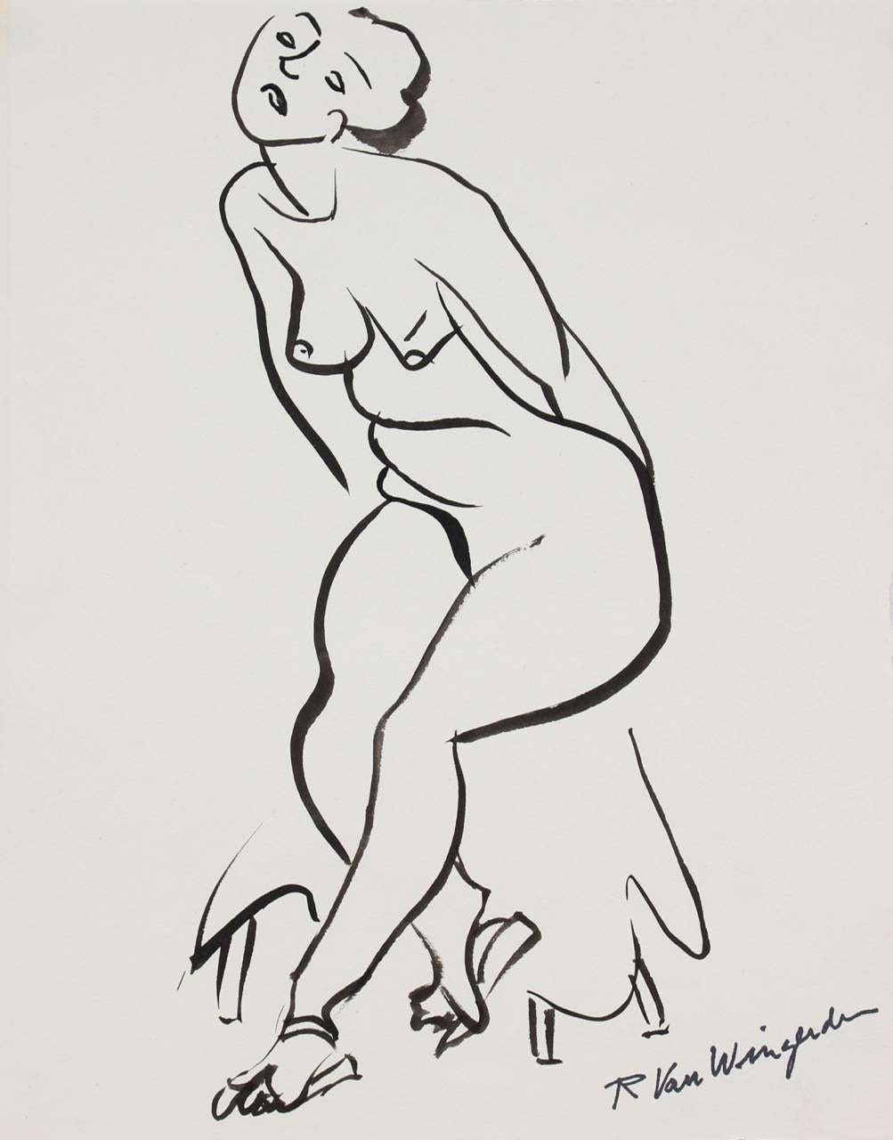 Richard Van Wingerden Figurative Art - Expressionist Figure in Ink, Mid-Century Drawing