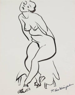 Expressionist Figure in Ink, Mid-Century Drawing