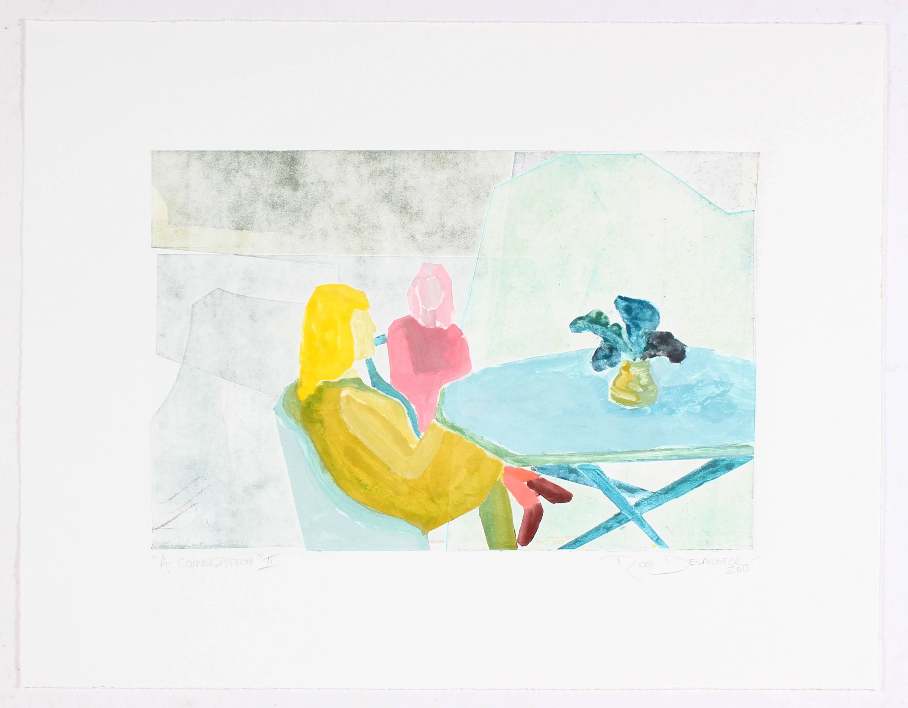 This 2015 monoprint and gouache on paper scene of two people at a table entitled 
