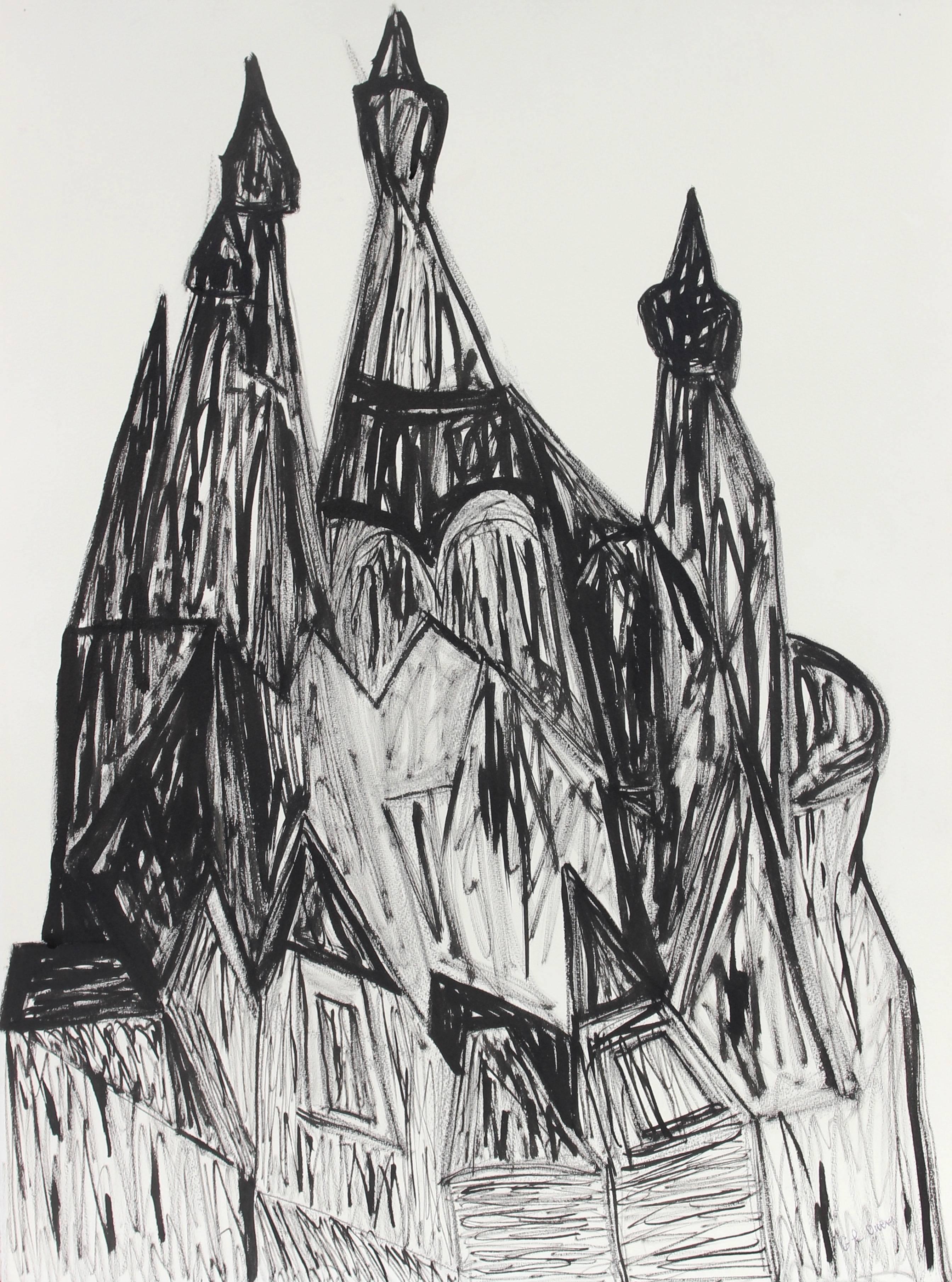 Georgette London Owens Abstract Drawing - "Russian Churches in St. Petersburg" Charcoal and Ink Cityscape, 20th Century