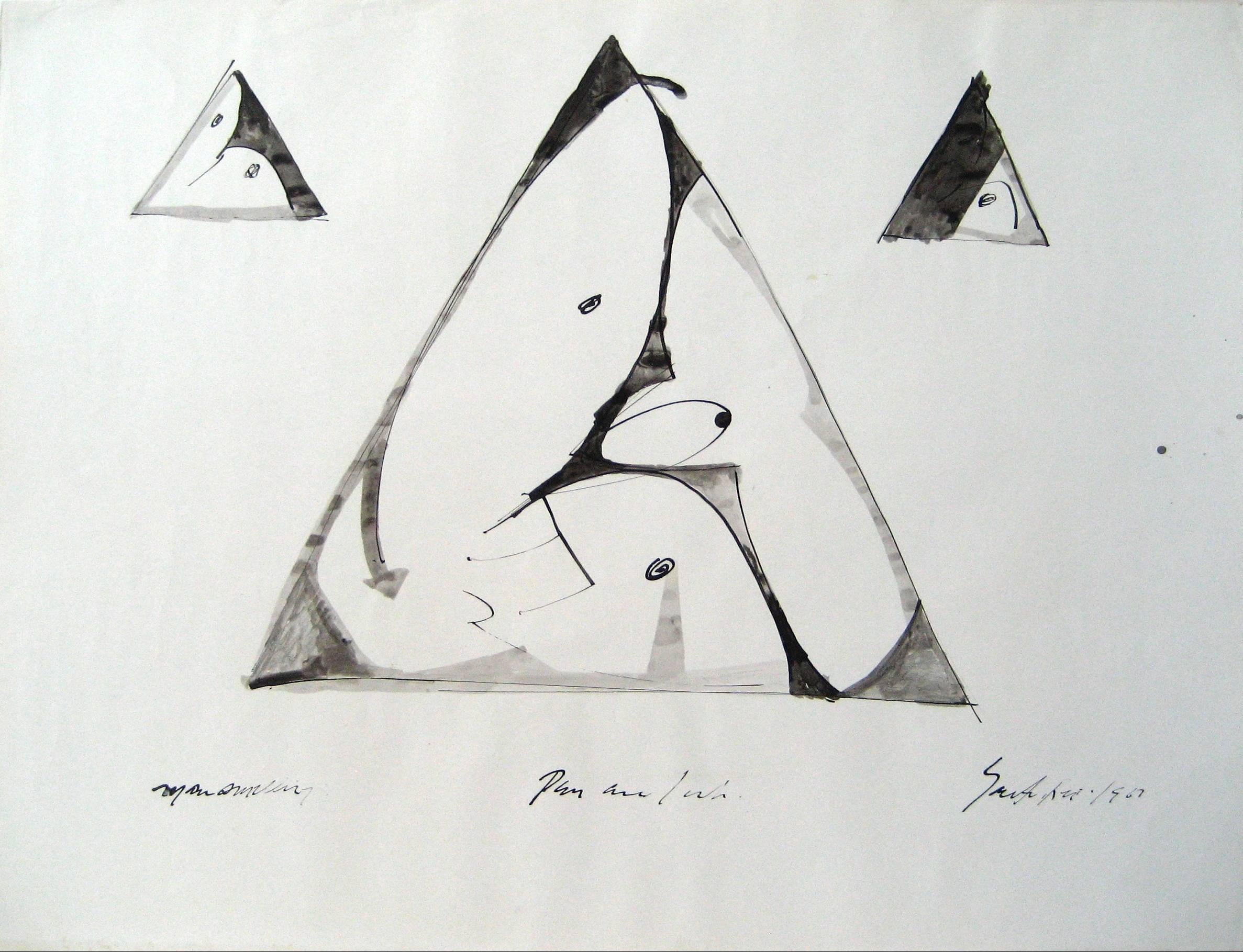 Santos Rene Irizarry Abstract Drawing - Modernist Triangle Abstract in Ink, Circa 1960s