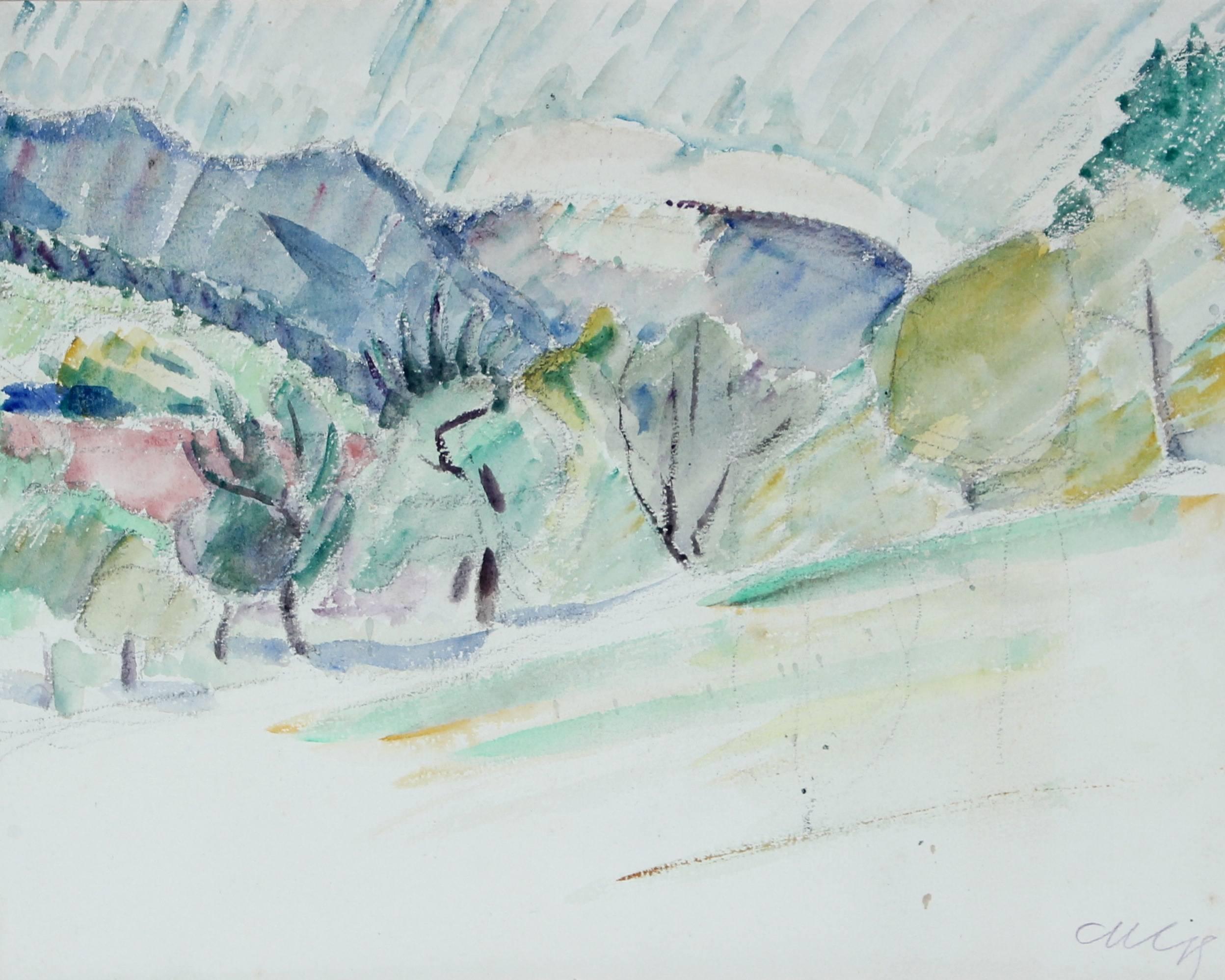 Mid Century European Landscape, Watercolor & Charcoal - Art by Unknown