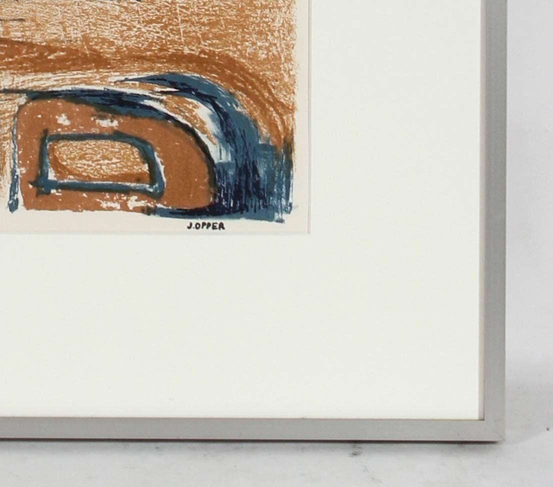 Modernist Abstract Lithograph in Blue and Brown, Mid-Century - Print by Jerry Opper