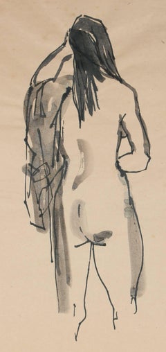 Standing Nude with Coat, Ink Drawing, 20th Century