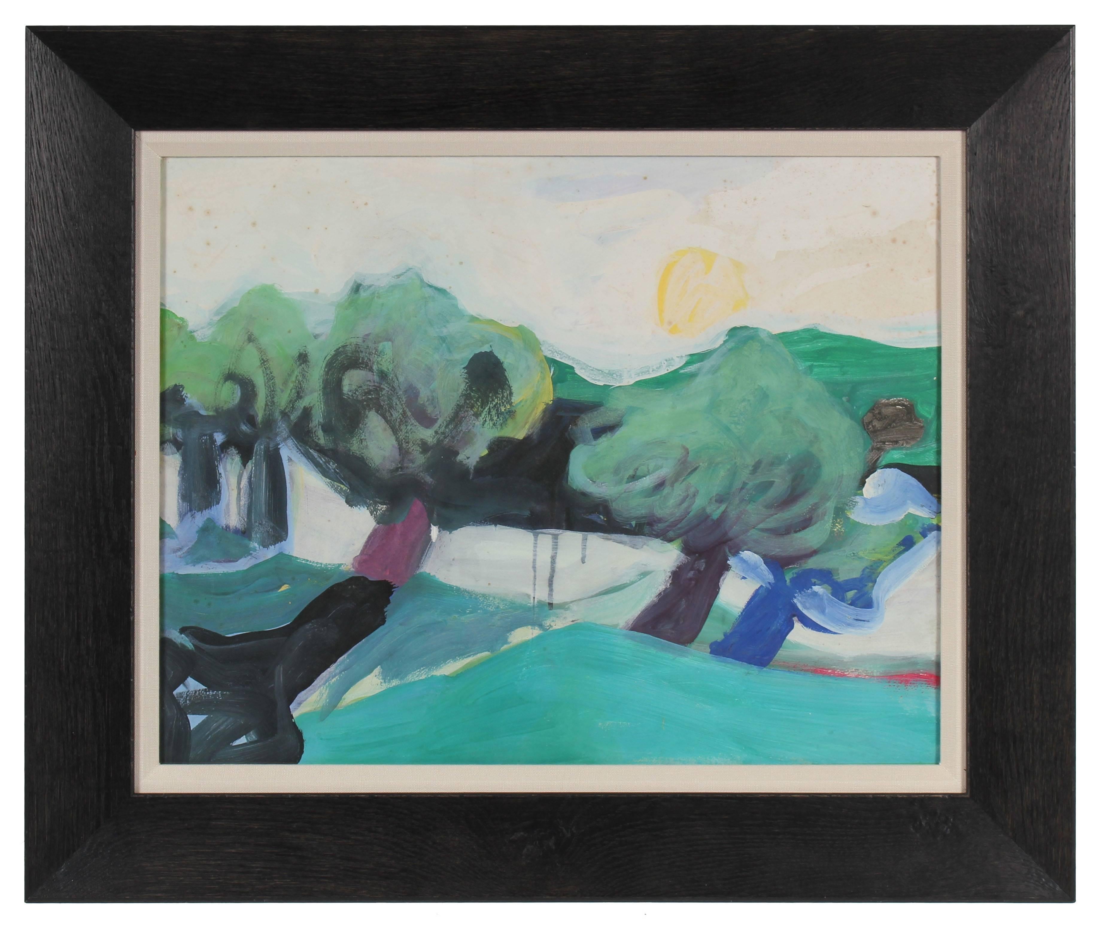 Jane Rades Landscape Painting - Modernist Landscape with Trees, Oil on Paper, Circa 1980
