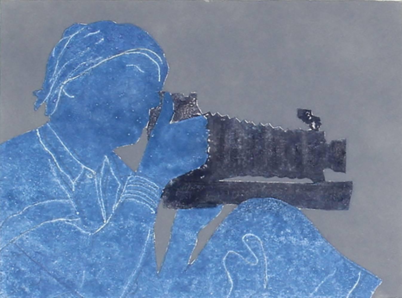 Rob Delamater Portrait Print - "Dorothea Lange with Camera", Monotype Portrait in Blue, 2015