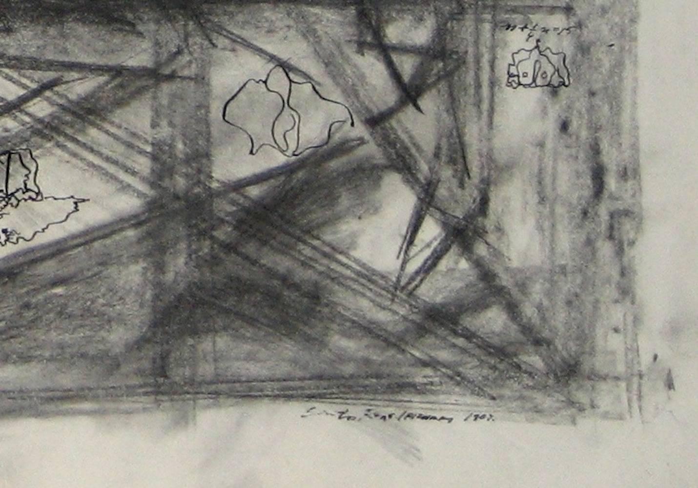 Monochromatic Modernist Abstract in Graphite, 1967 - Art by Santos Rene Irizarry