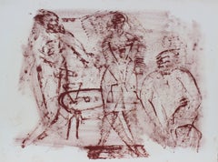 Modernist Abstracted Figures in Dark Red, Pastel Drawing, 1960s