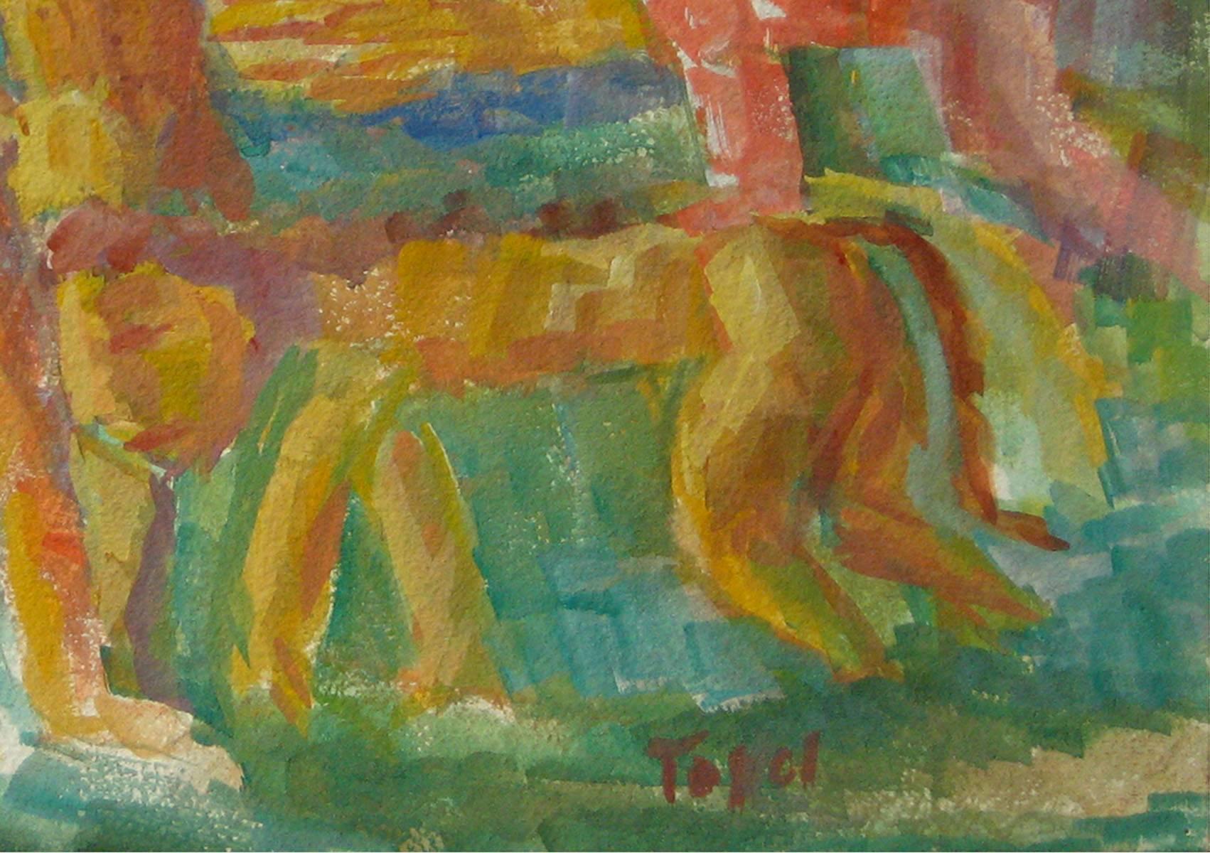 Expressionist Figures with a Lion, Watercolor on Paper, Mid 20th Century - Brown Figurative Art by Jennings Tofel