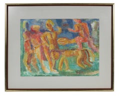 Expressionist Figures with a Lion, Watercolor on Paper, Mid 20th Century