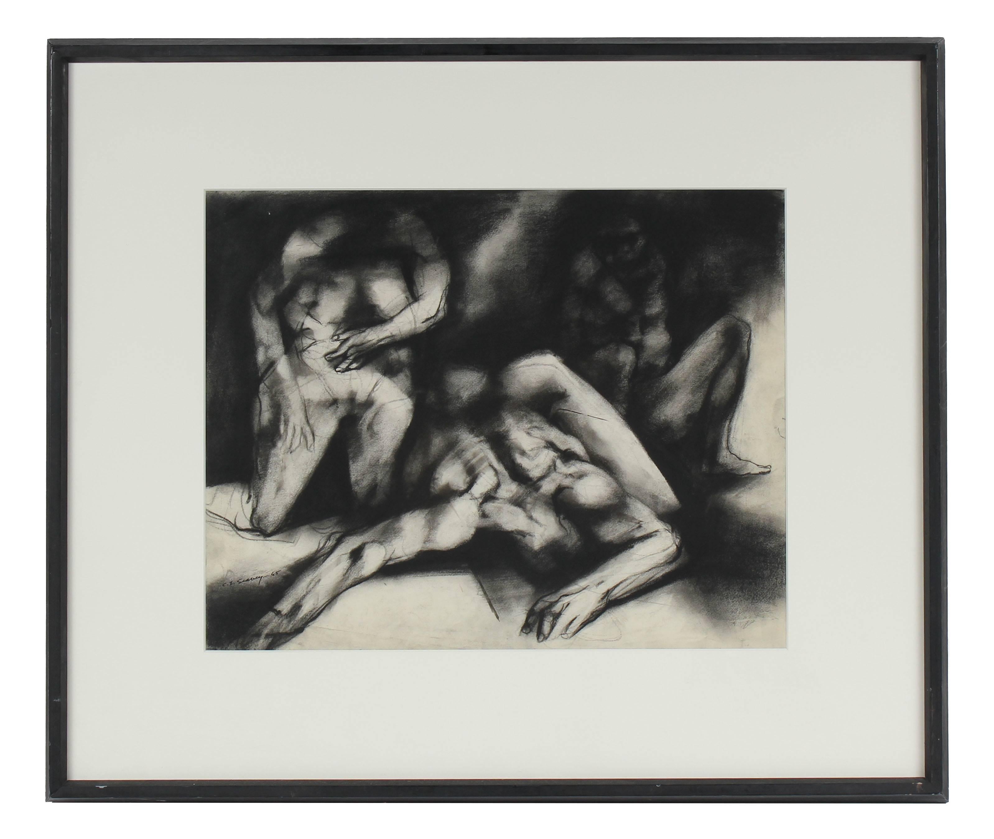 Clyde I. Seavey Jr. Figurative Art - Monochromatic Expressionist Figures, Framed Charcoal Drawing, 1965