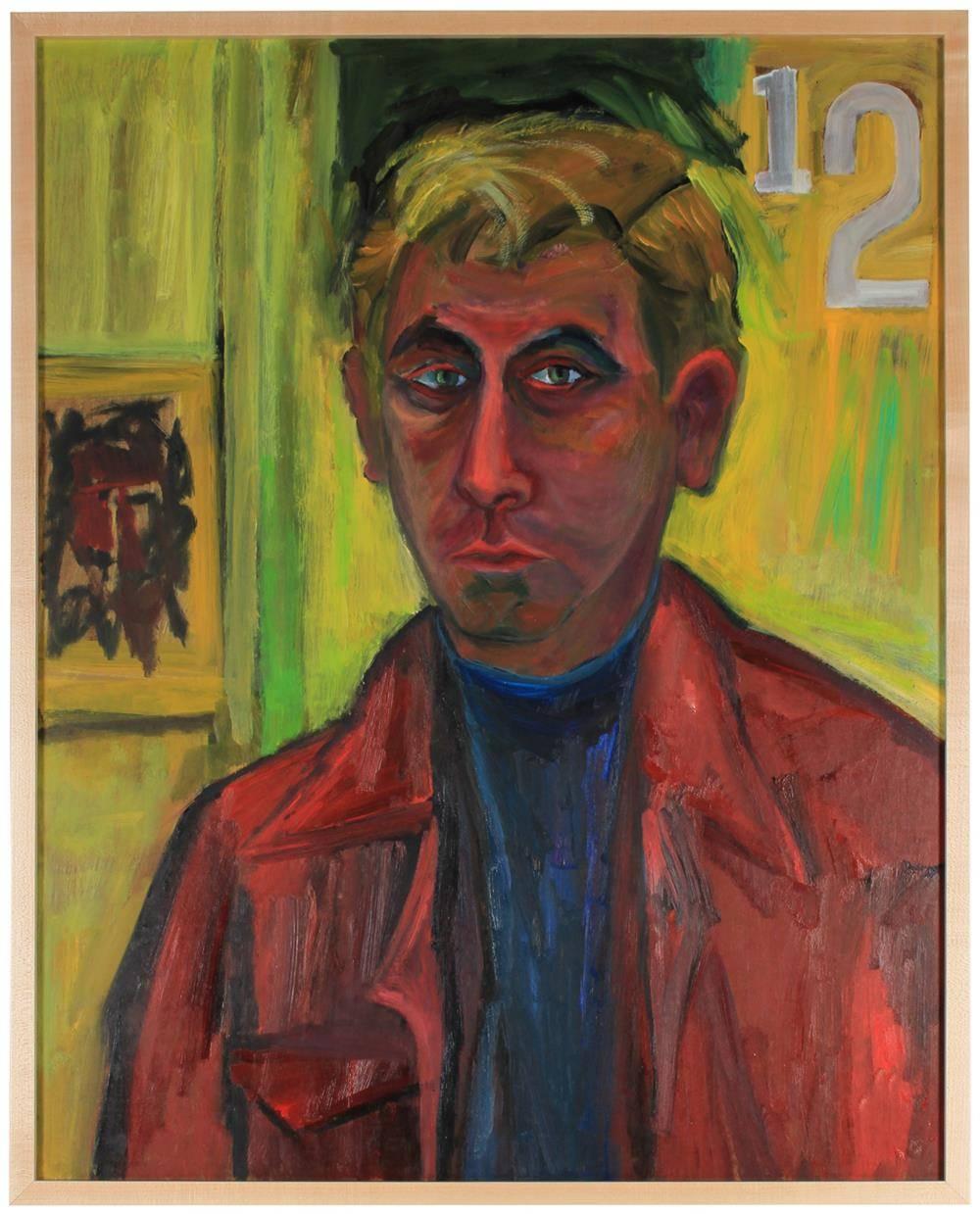 Seymour Tubis Portrait Painting - "Self-Portrait", Bright Oil Painting in Lime Green, 1970s
