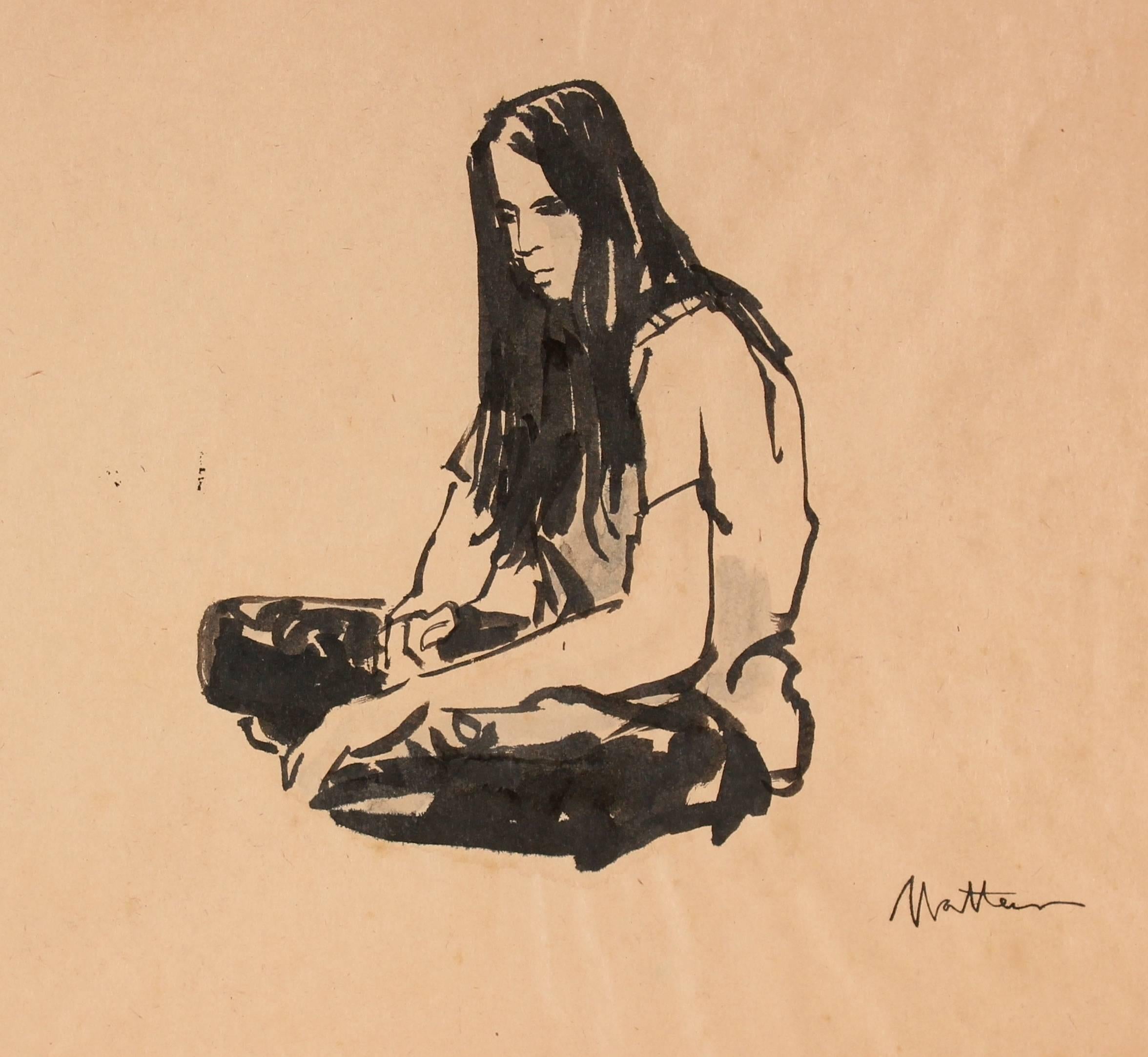 Seated Hippie Woman, Ink on Paper Portrait, Circa 1970s - Art by Rip Matteson