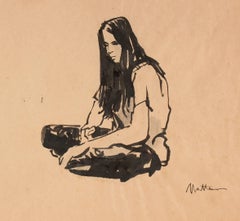 Seated Hippie Woman, Ink on Paper Portrait, Circa 1970s