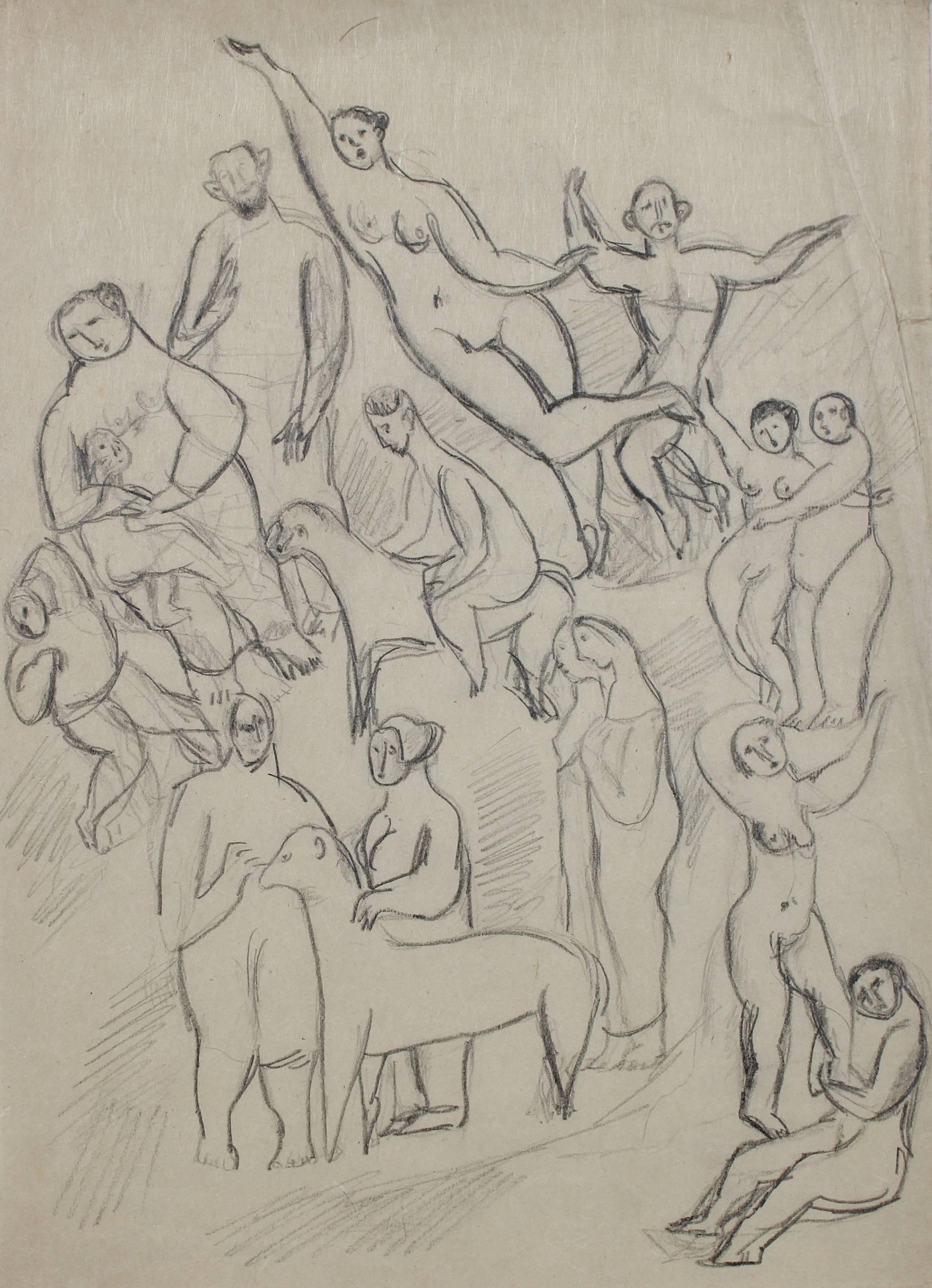 Jennings Tofel Animal Art - Expressionist Figures and Animals, Graphite Drawing, Early 20th Century