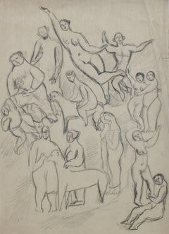 Expressionist Figures and Animals, Graphite Drawing, Early 20th Century