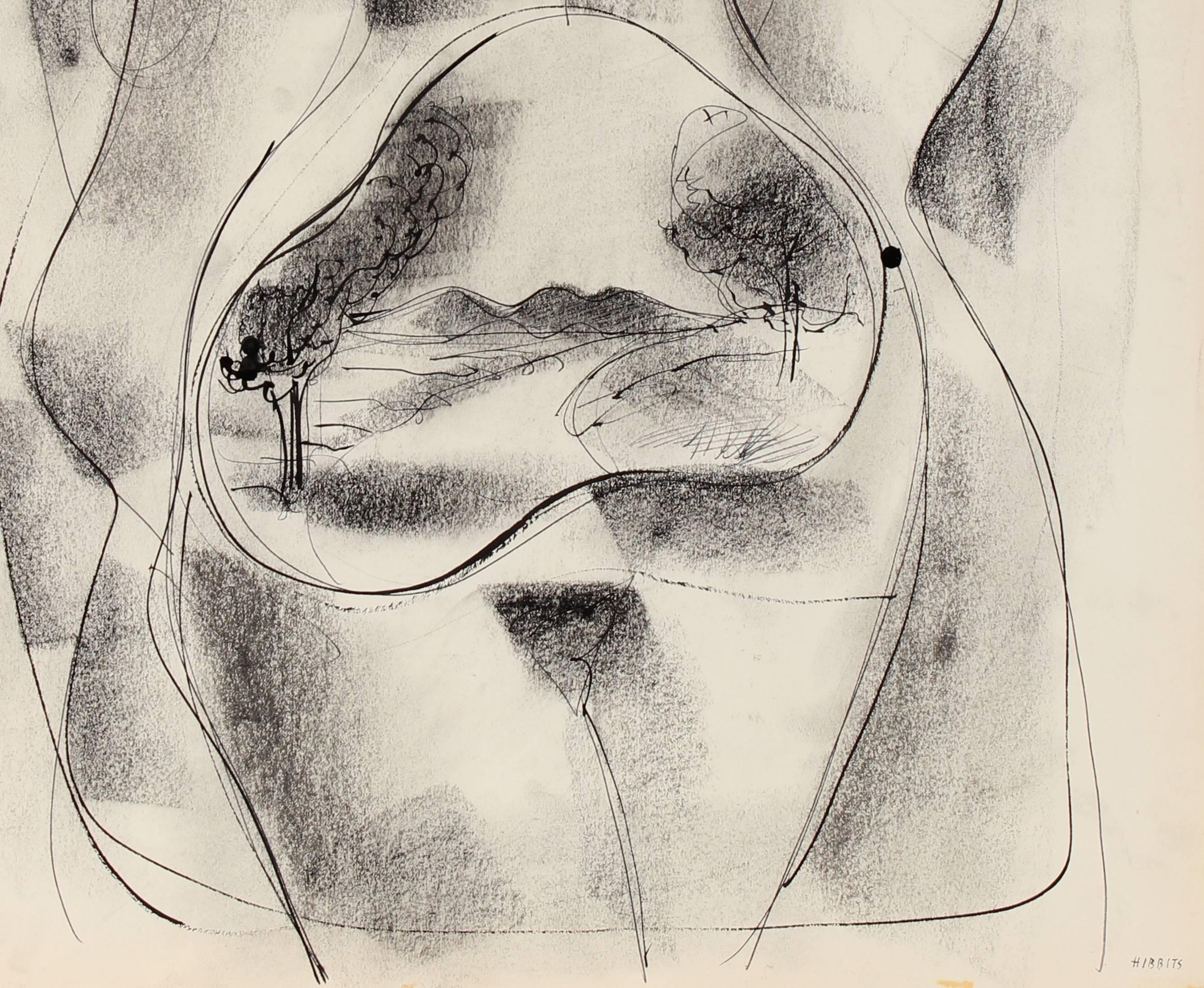 Modernist Figure and Landscape, Ink and Charcoal Drawing, Mid Century - Art by Forrest Hibbits