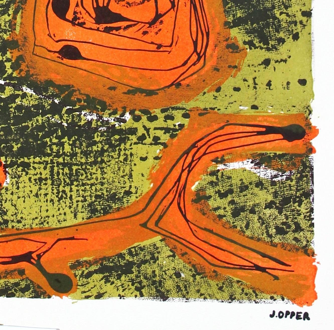 Modernist Abstract Lithograph in Orange and Green, Circa 1950s - Print by Jerry Opper