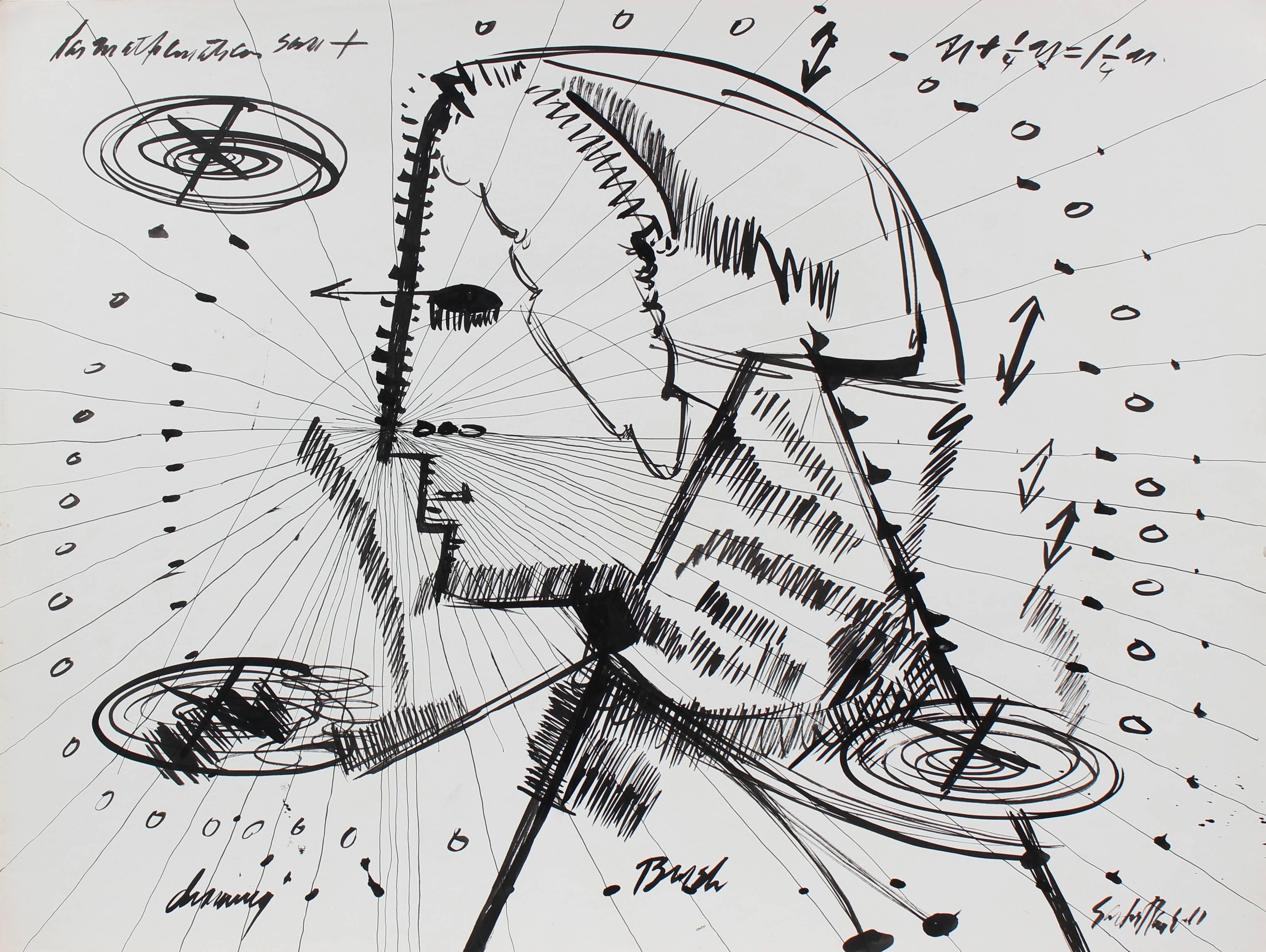 Santos Rene Irizarry Portrait - "The Mathematician", Modernist Ink Drawing, 1960s