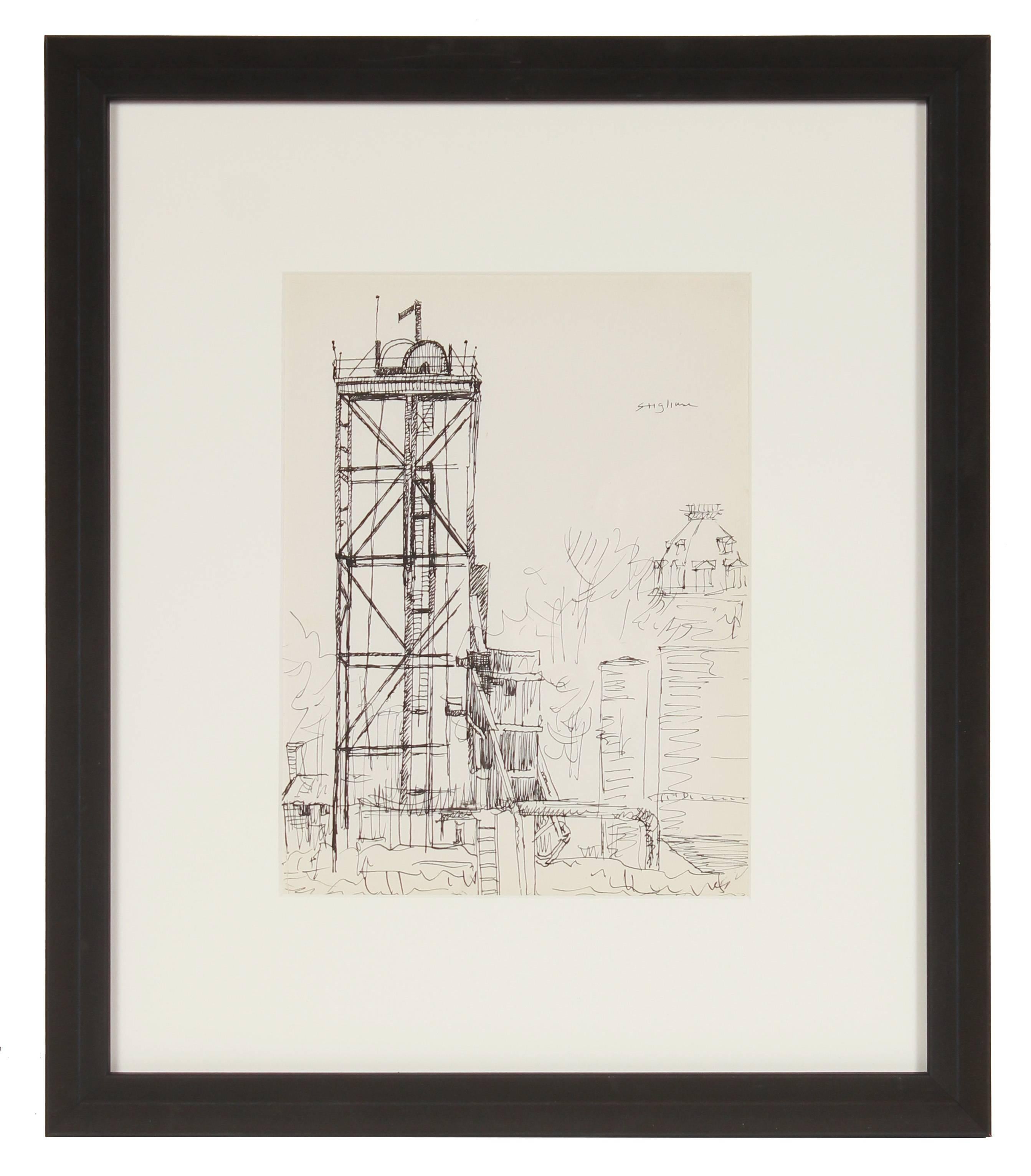 Pasquale Patrick Stigliani Landscape Art - New York Industrial Scene, Ink on Paper Drawing, Mid 20th Century