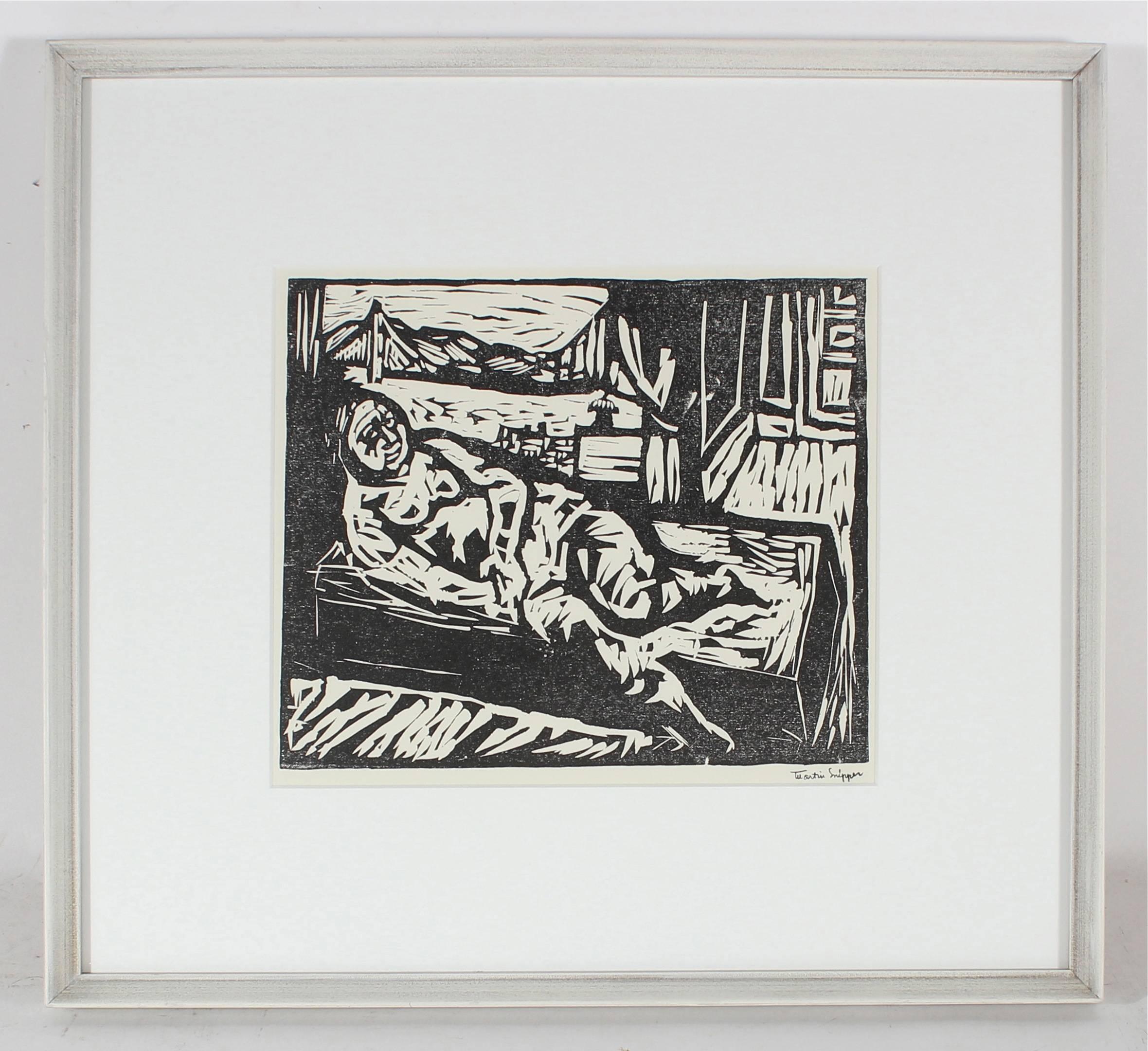 Figure by the San Francisco Bay, Framed Mid Century Linocut - Print by Martin Snipper